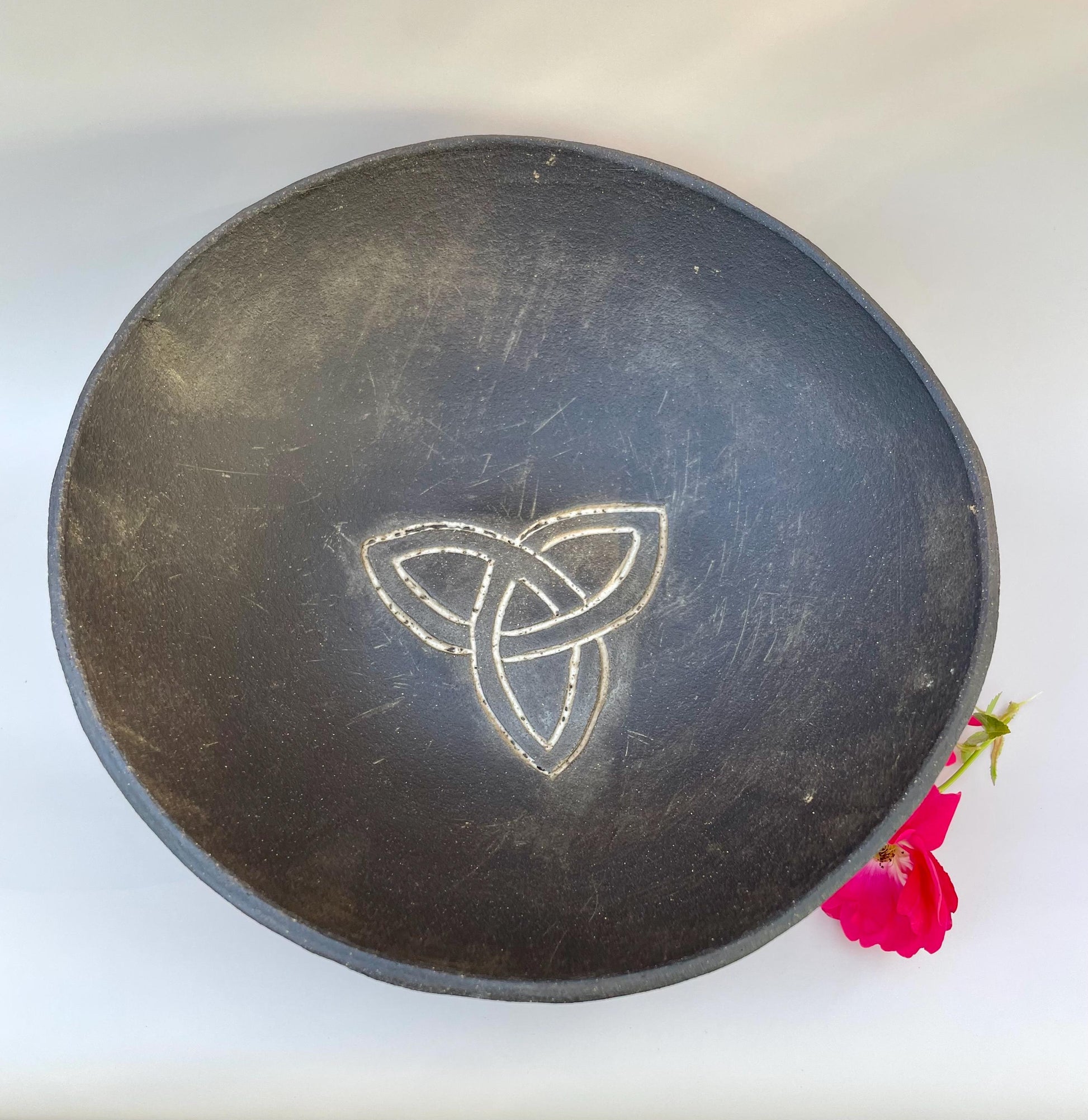 Avalon inspired handmade ceramic pedestal bowl with triquetra
