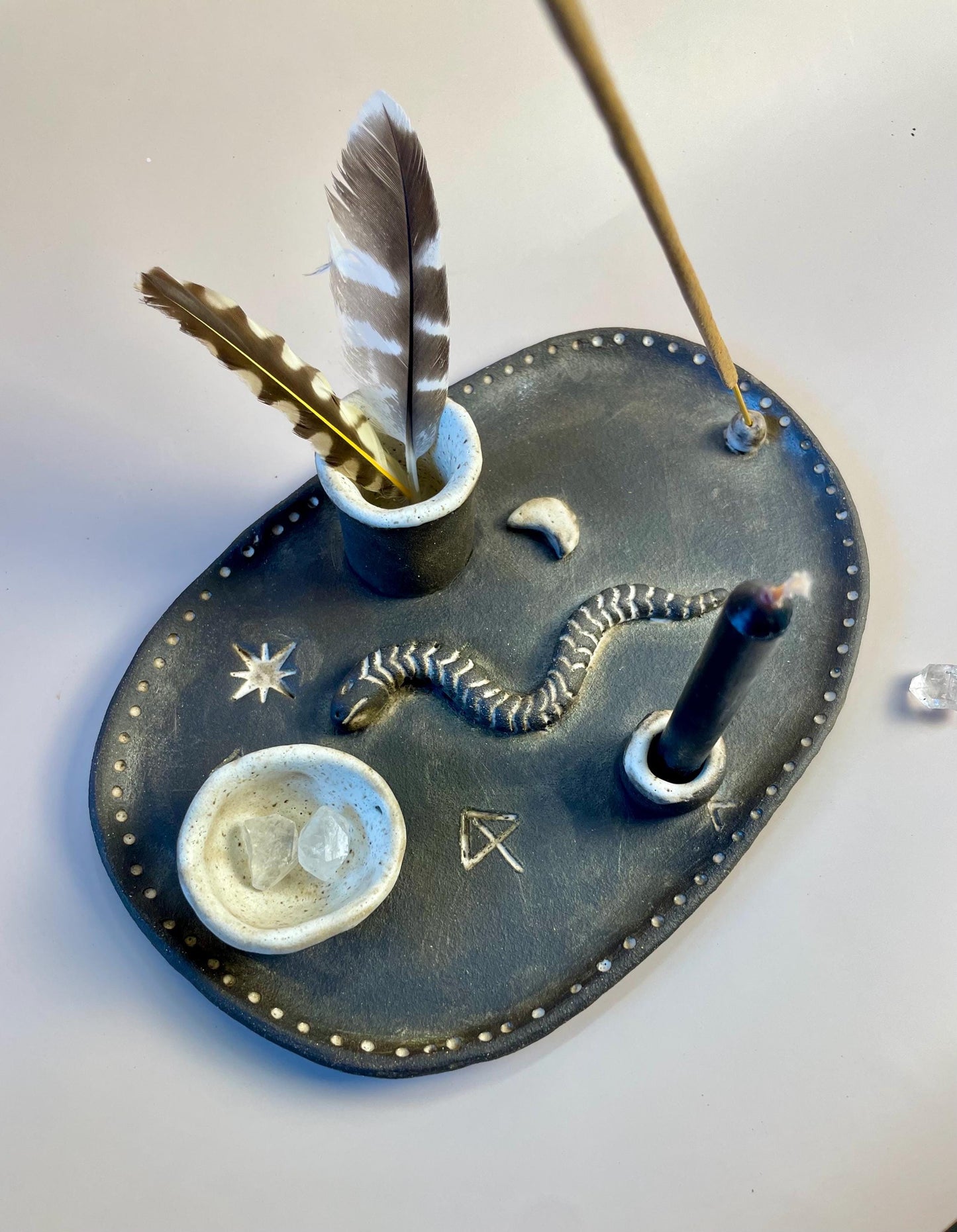 Handmade ceramic four element ritual dish with snake and celestial symbols