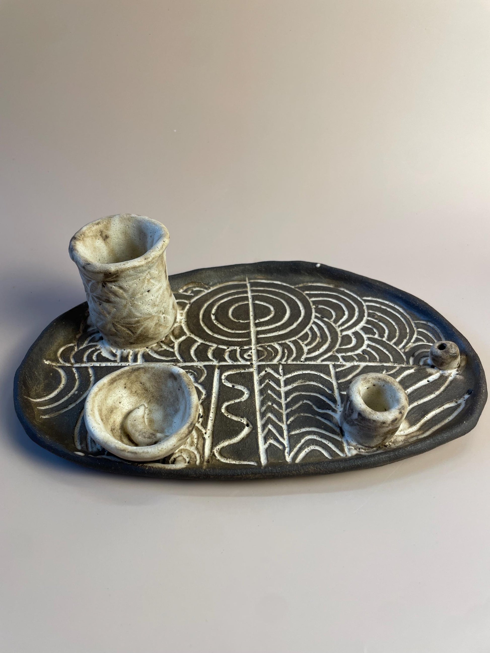 Handmade ceramic four element ritual dish with Megalithic carvings