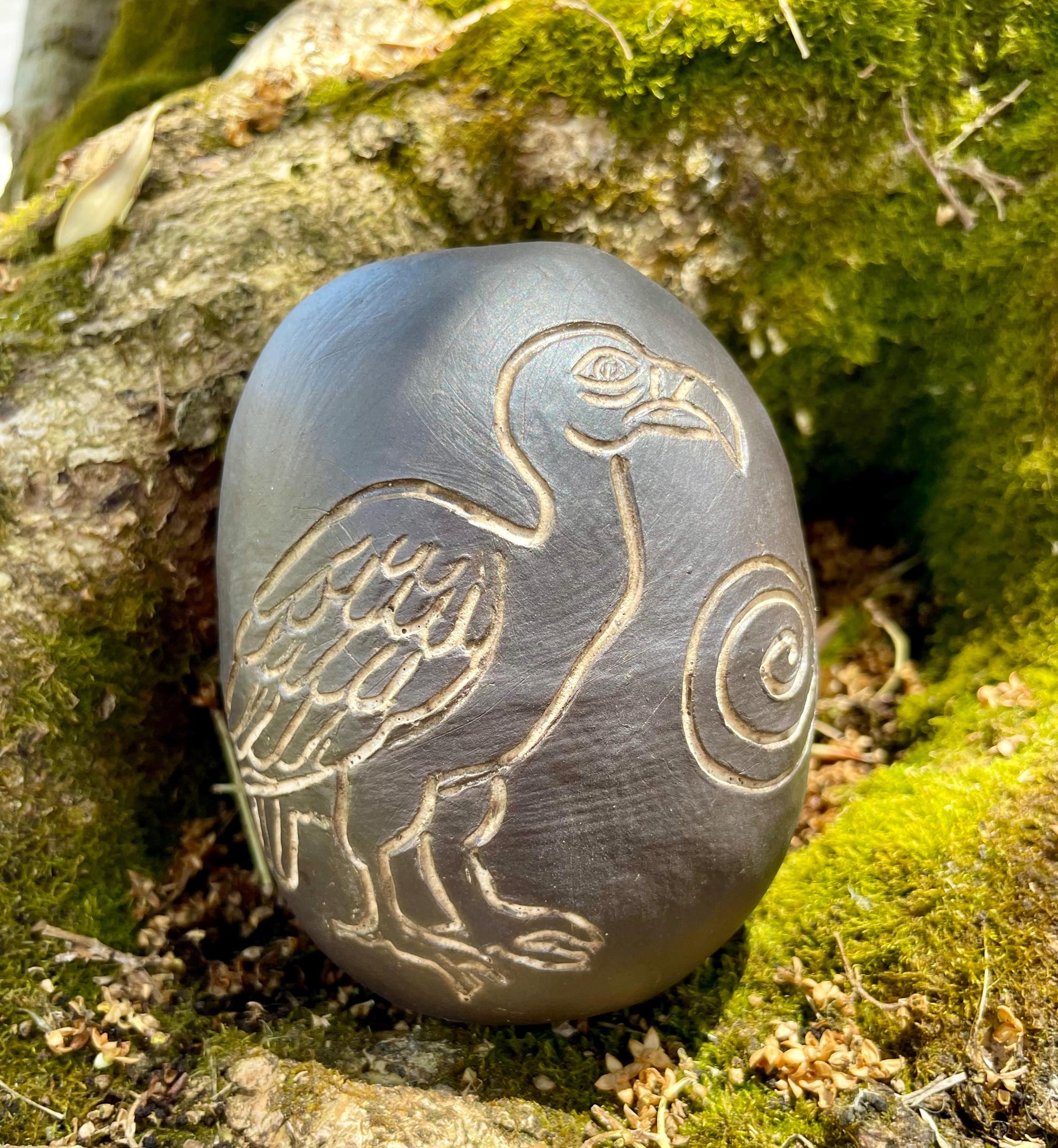 Handmade ceramic carved clay vulture and snake shamanic rattle