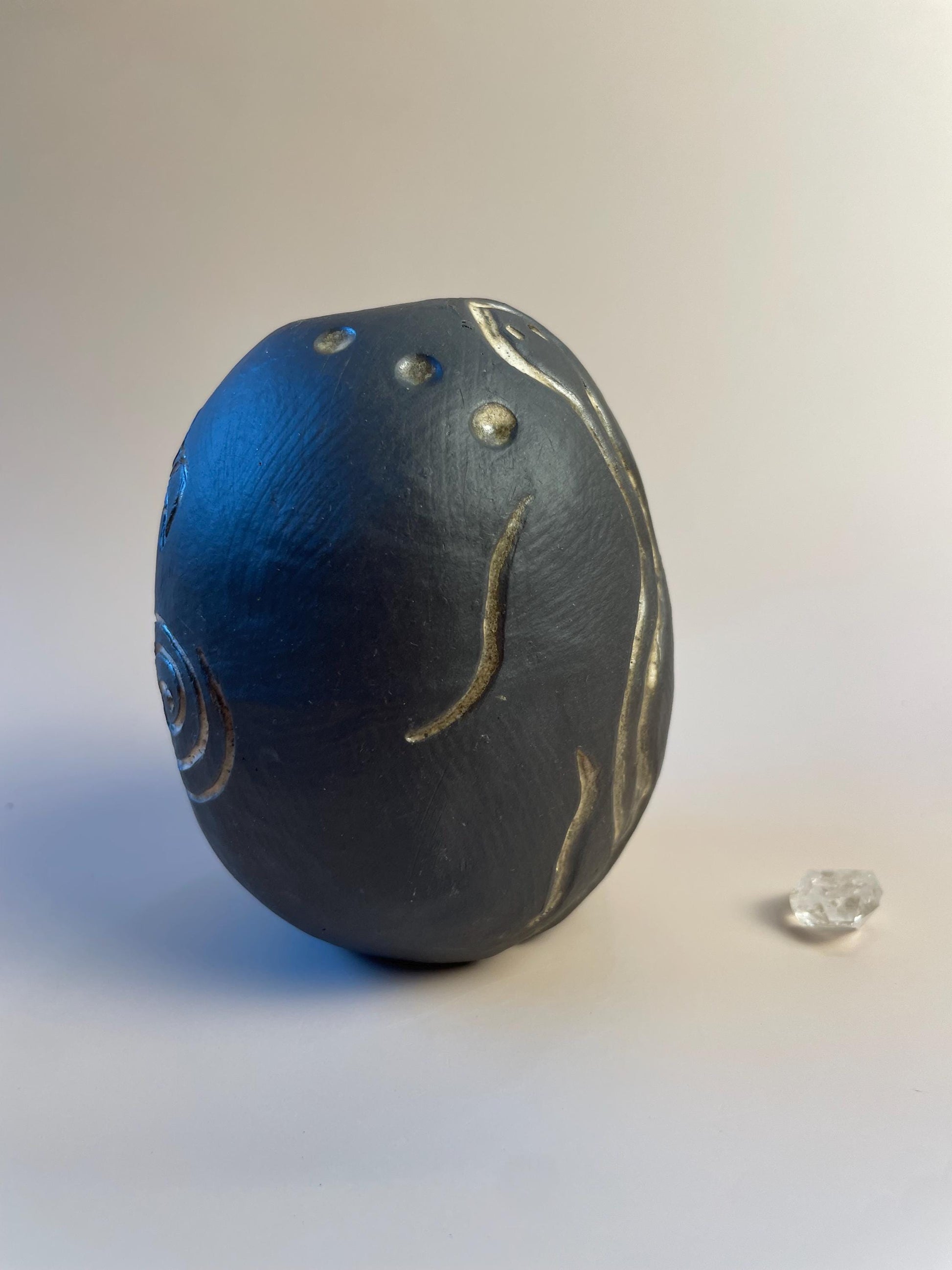 Handmade ceramic carved clay vulture and snake shamanic rattle