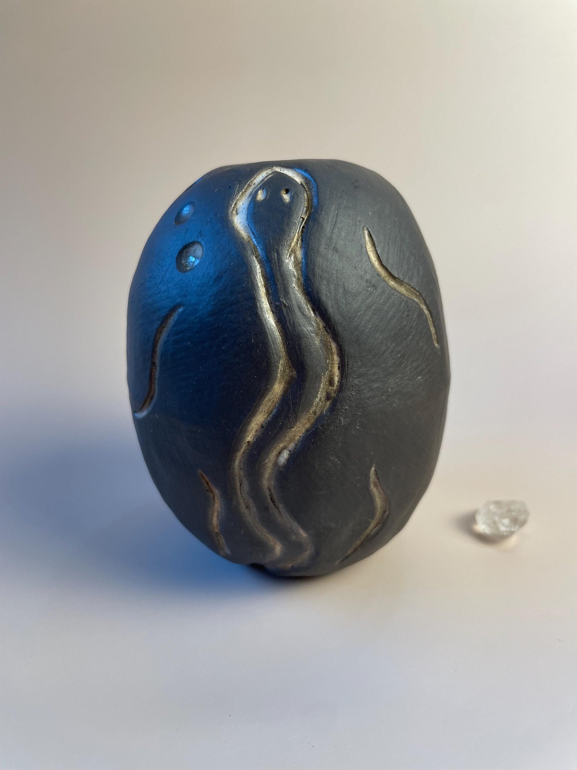 Handmade ceramic carved clay vulture and snake shamanic rattle