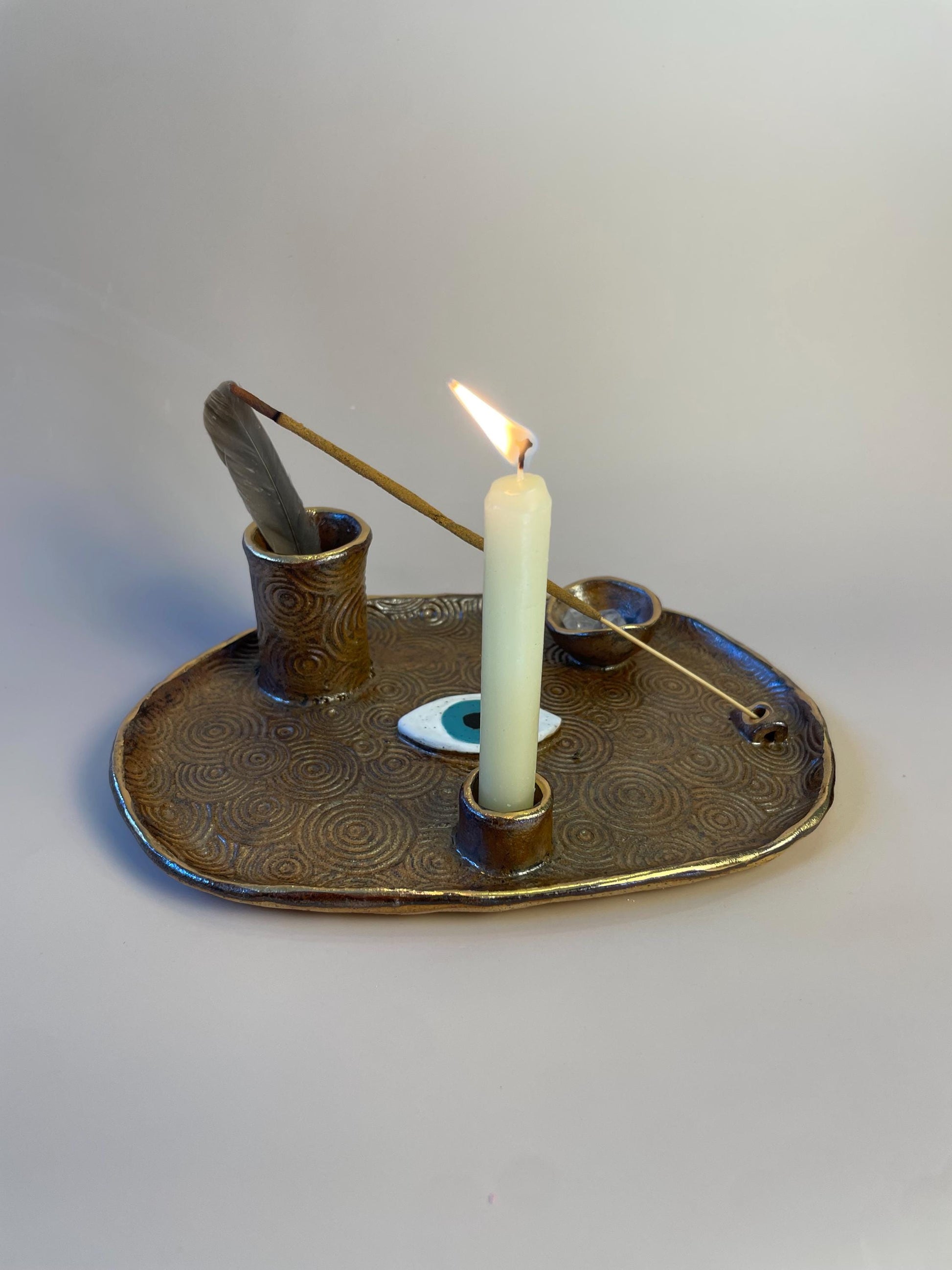 Four Element Ritual Dish with Protective Eye & Concentric Circles – Bronze + Gold Altar Tray for Elemental Balance