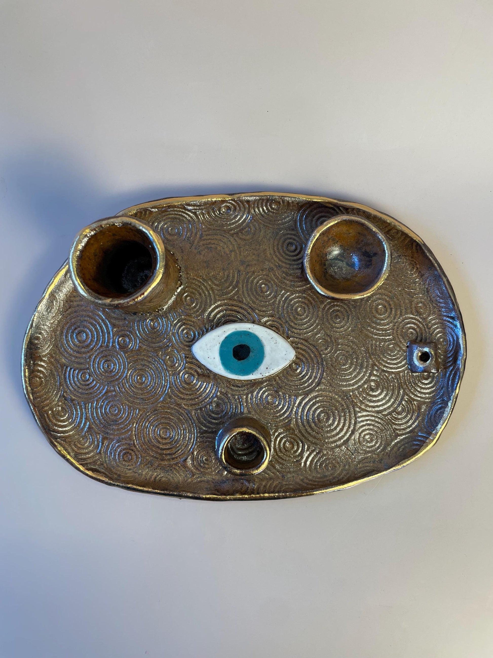 Four Element Ritual Dish with Protective Eye & Concentric Circles – Bronze + Gold Altar Tray for Elemental Balance