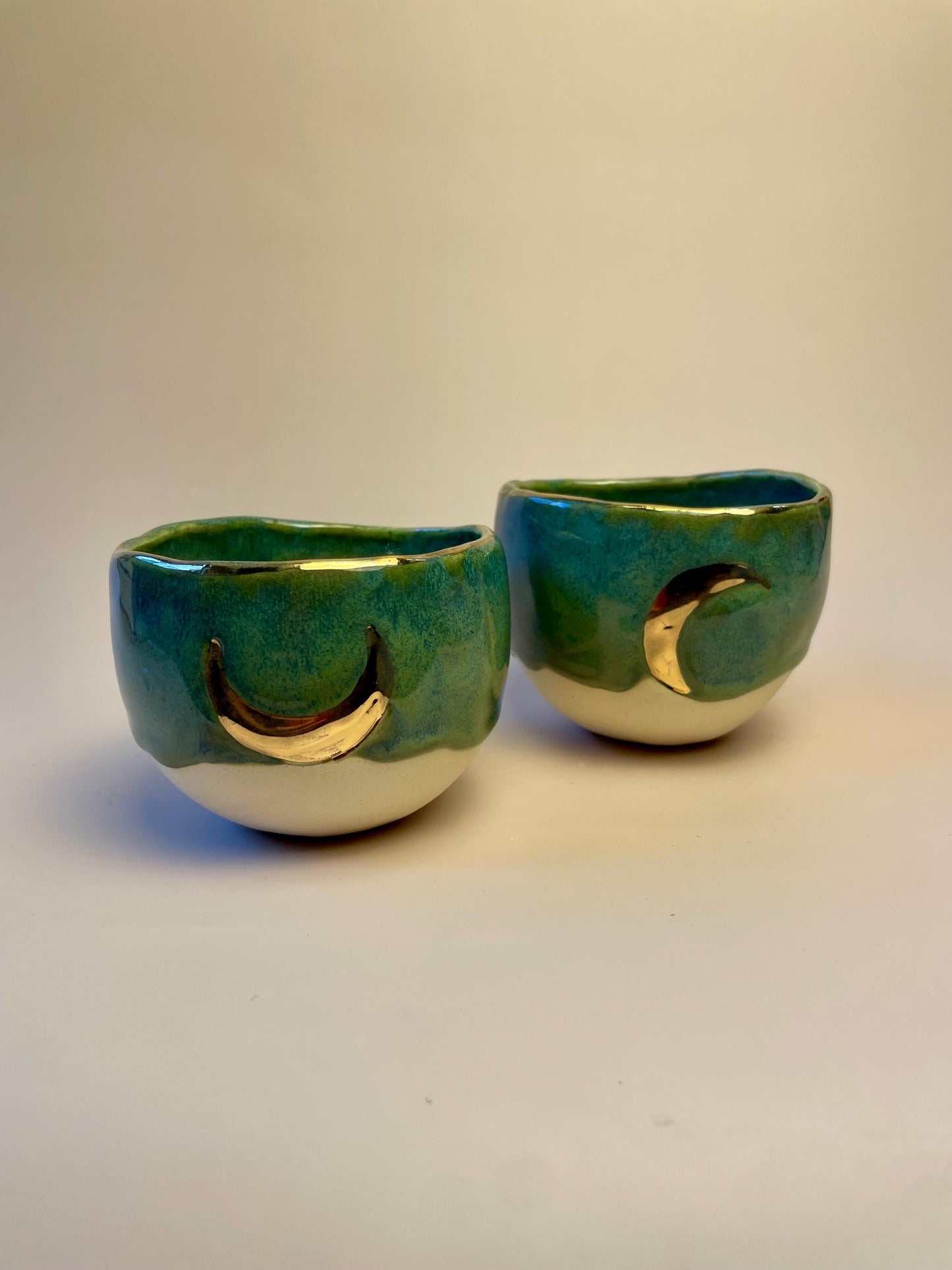 Handmade ceramic sea green gold crescent moon cup