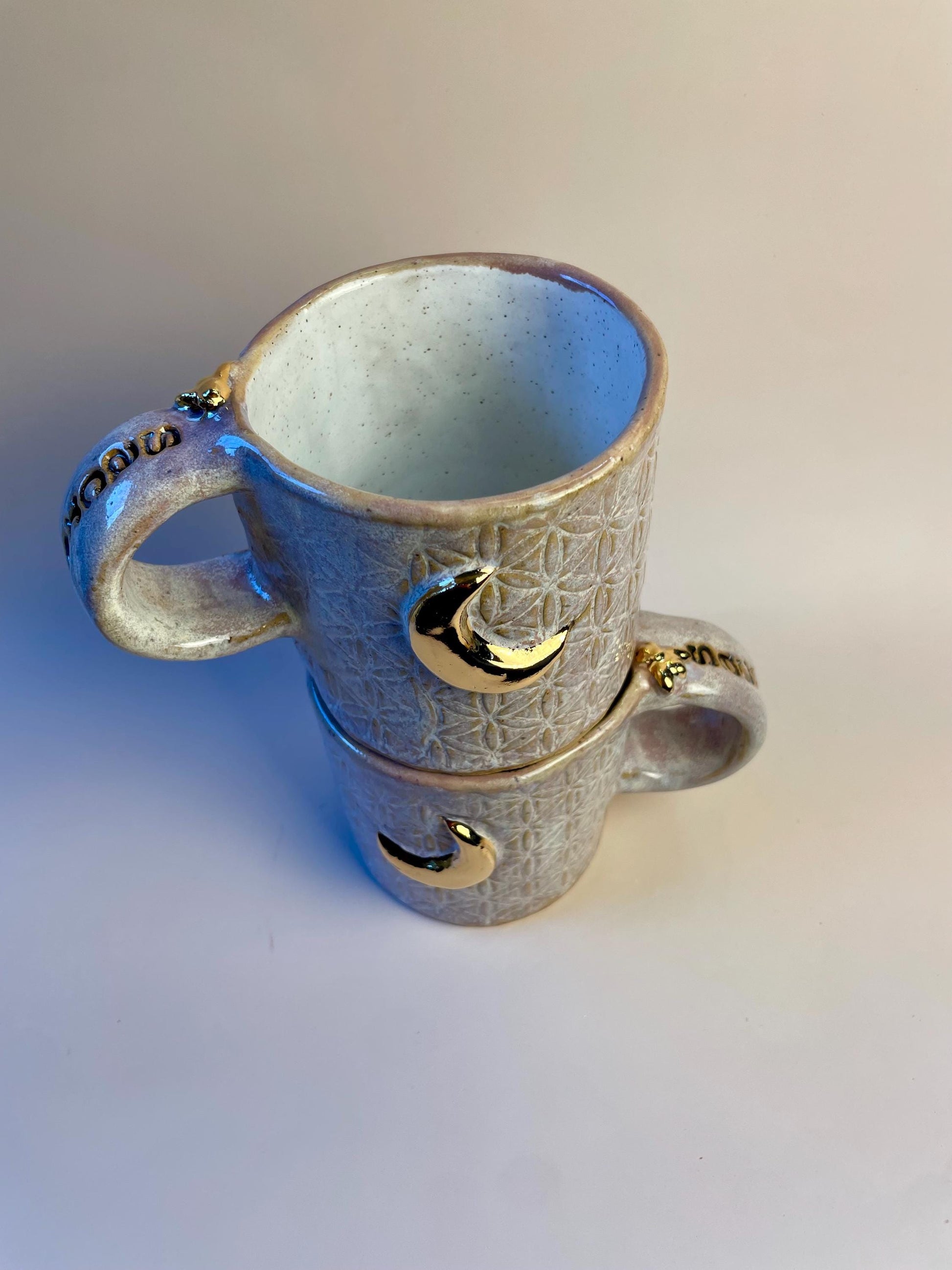 Sacred Flower of Life Lavender Mug with Gold Moon and Bee