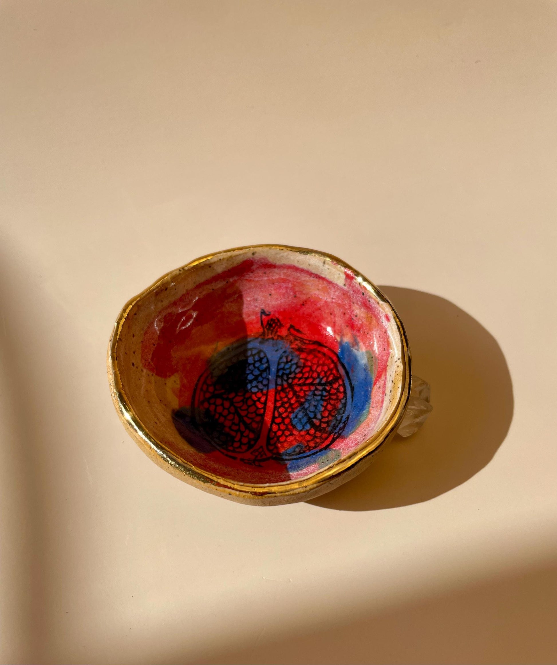 Sacred Pomegranate Offering Bowl — Hand-Pinched Honey Clay with Gold Luster Rim