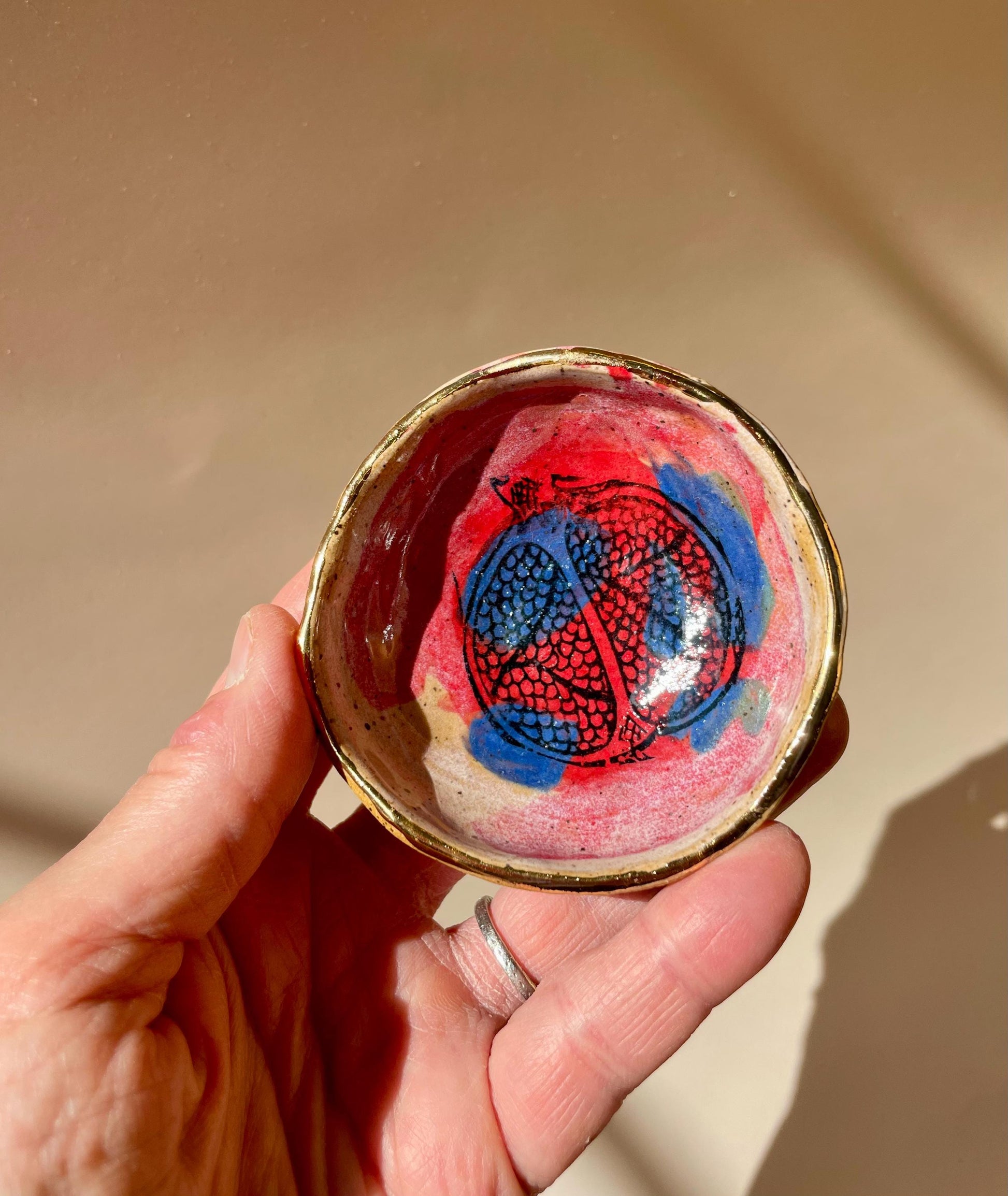 Sacred Pomegranate Offering Bowl — Hand-Pinched Honey Clay with Gold Luster Rim