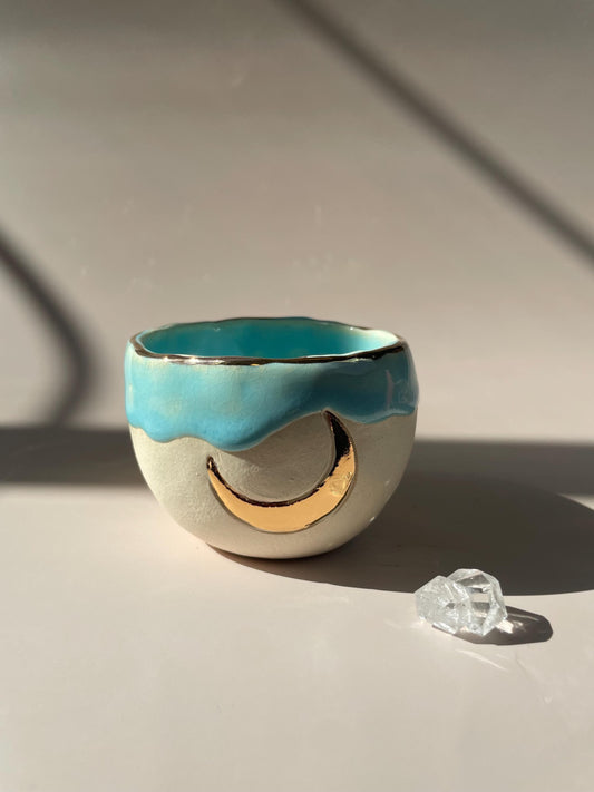 Handmade ceramic aqua gold crescent moon cup