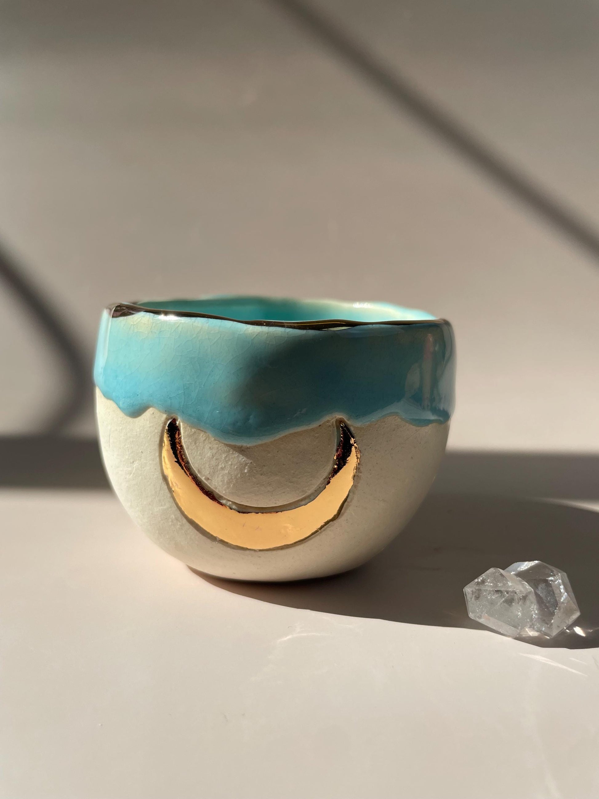 Handmade ceramic aqua gold crescent moon cup