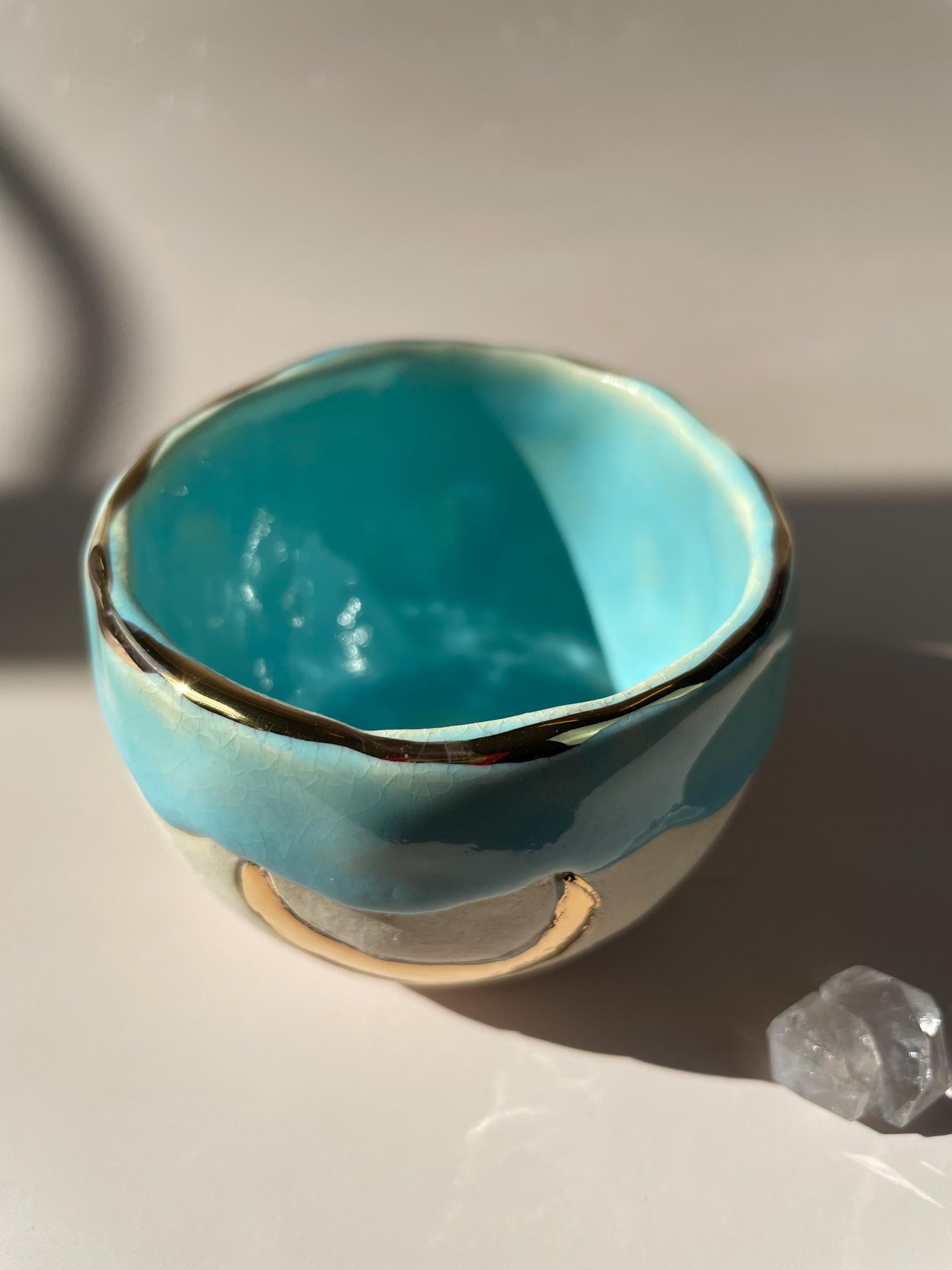 Handmade ceramic aqua gold crescent moon cup