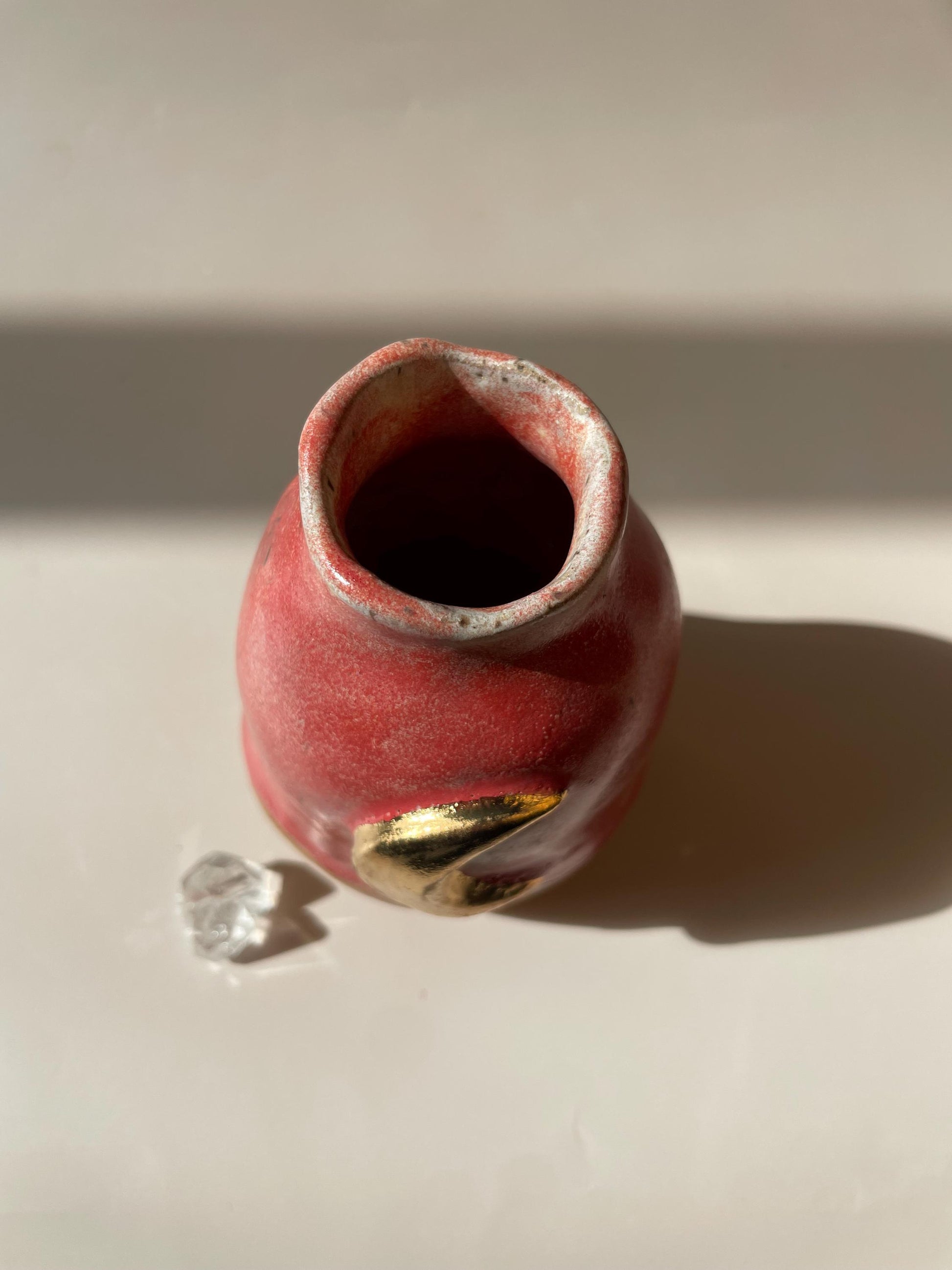 Crescent Moon Vase — Handbuilt Honey Clay Vessel with Pink Glaze and Gold Luster Moon