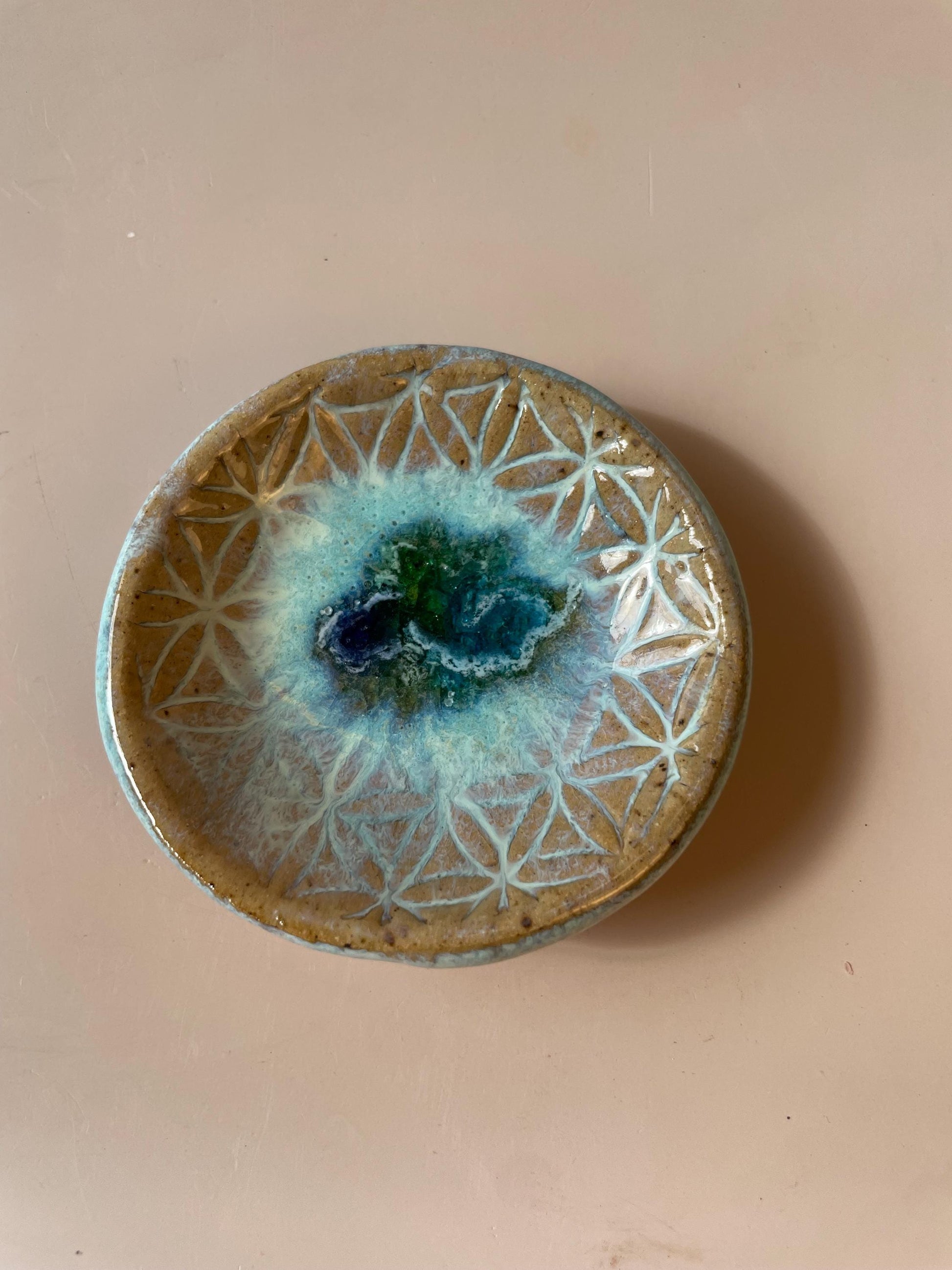Flower of Life Ring Dish — Honey Clay with Aqua Glaze and Fused Glass Center