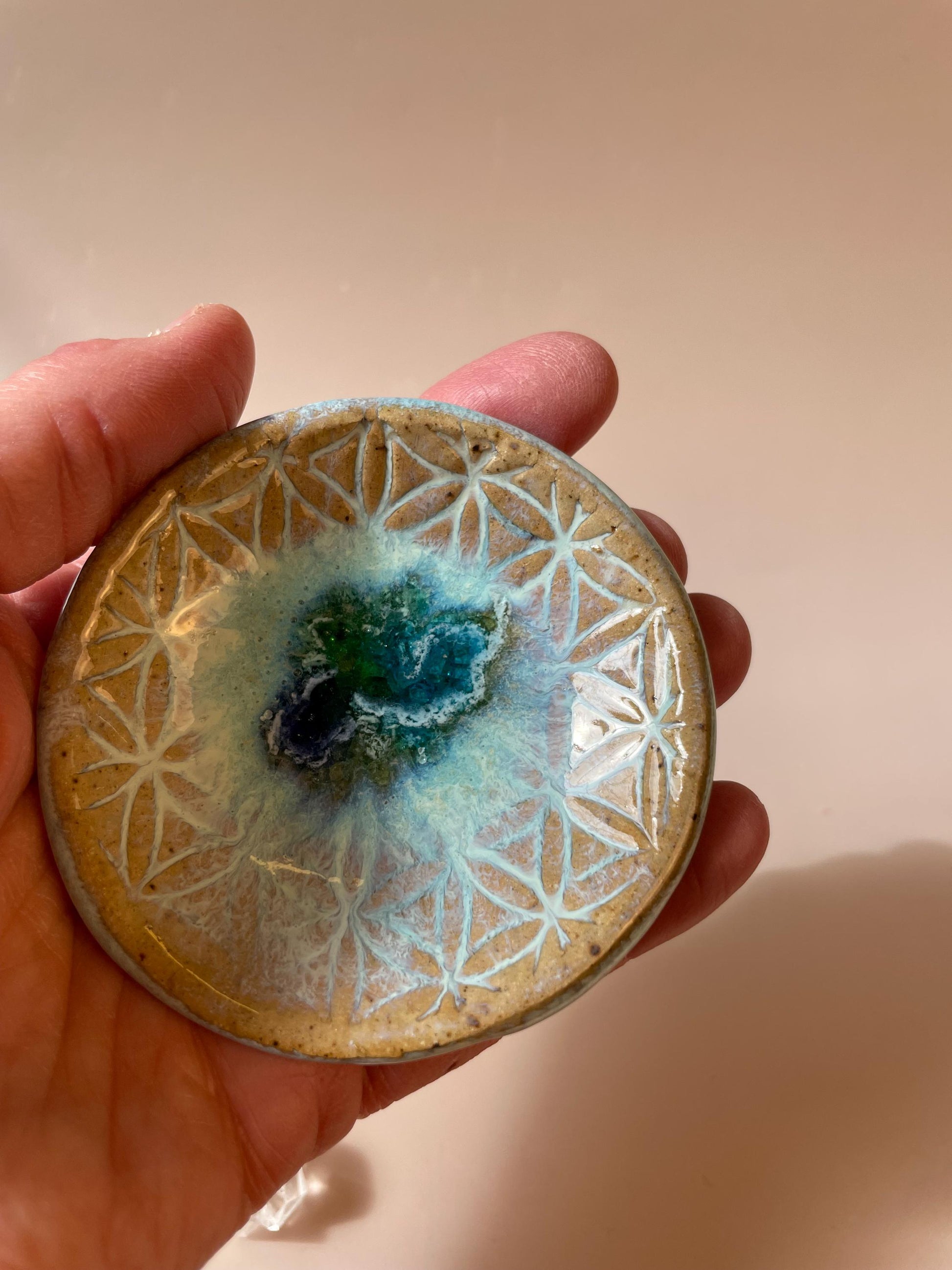 Flower of Life Ring Dish — Honey Clay with Aqua Glaze and Fused Glass Center