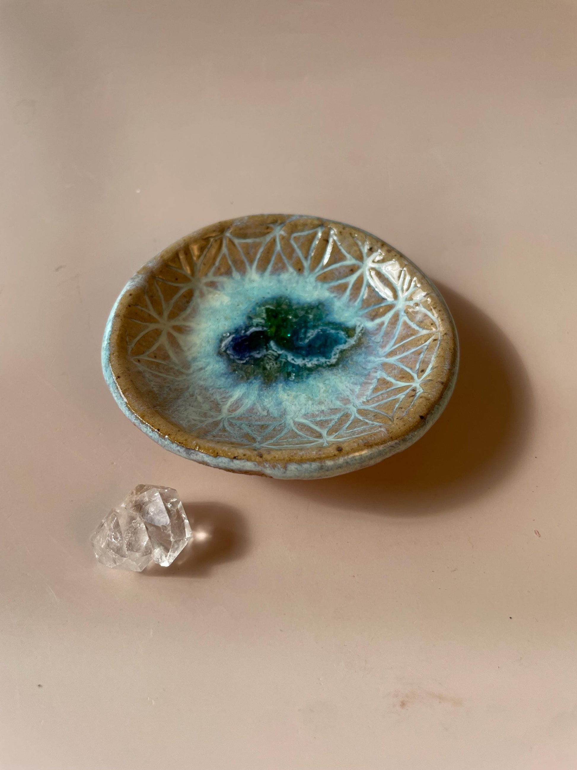 Flower of Life Ring Dish — Honey Clay with Aqua Glaze and Fused Glass Center
