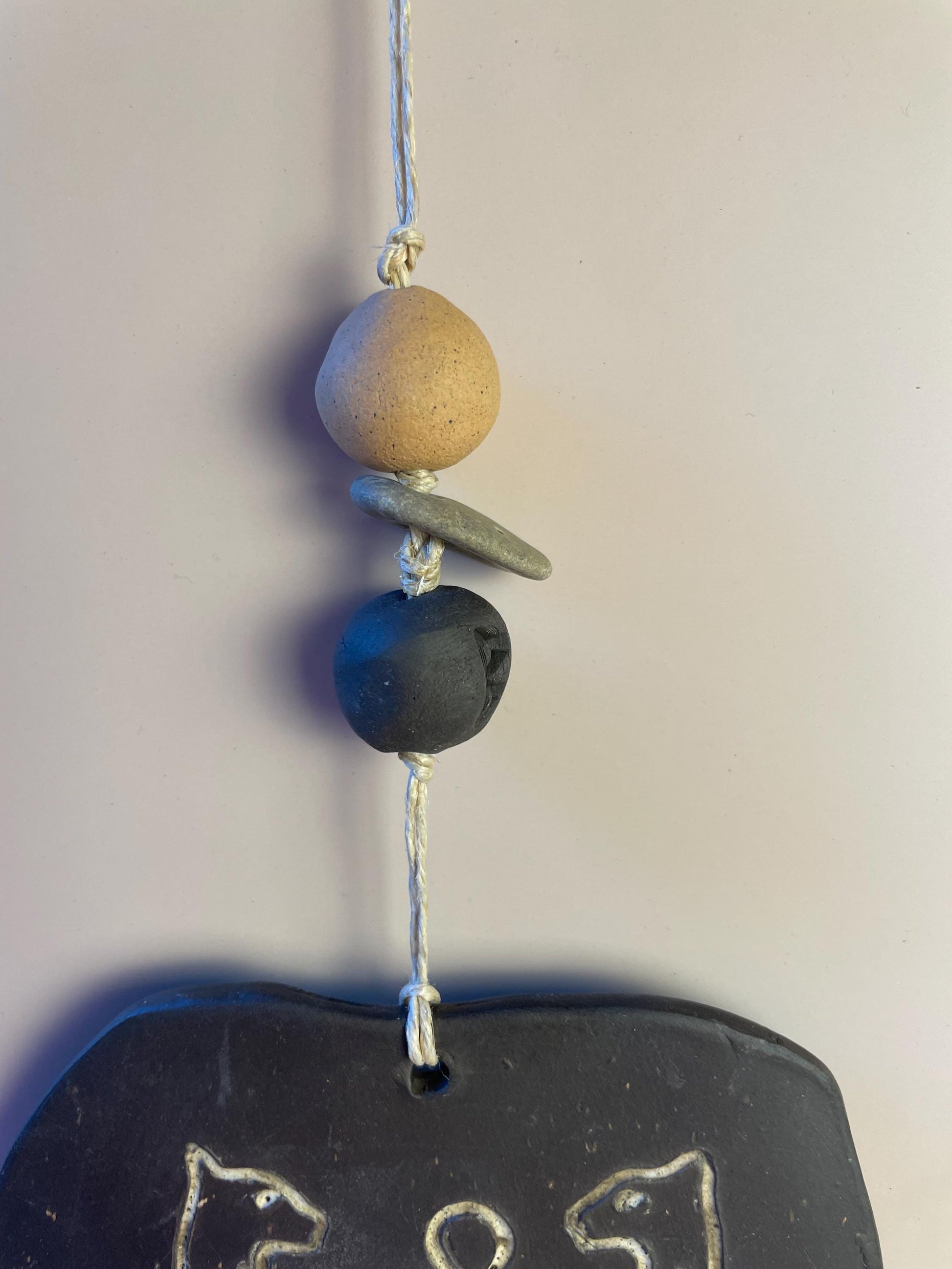 Inanna’s Guardians | Ceramic Wall Talisman with Cheetahs, Berkana Rune Bead & Hag Stone