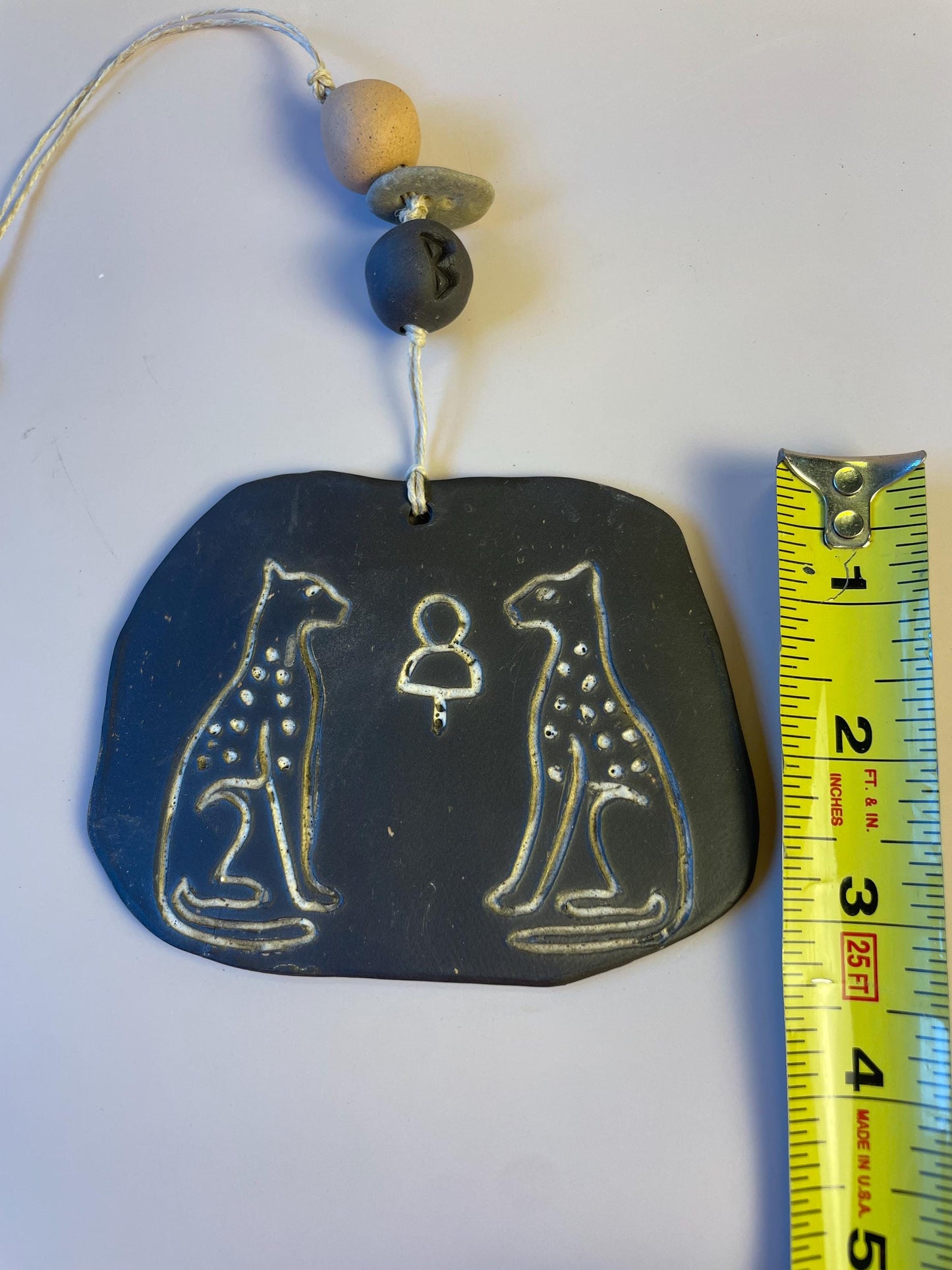 Inanna’s Guardians | Ceramic Wall Talisman with Cheetahs, Berkana Rune Bead & Hag Stone