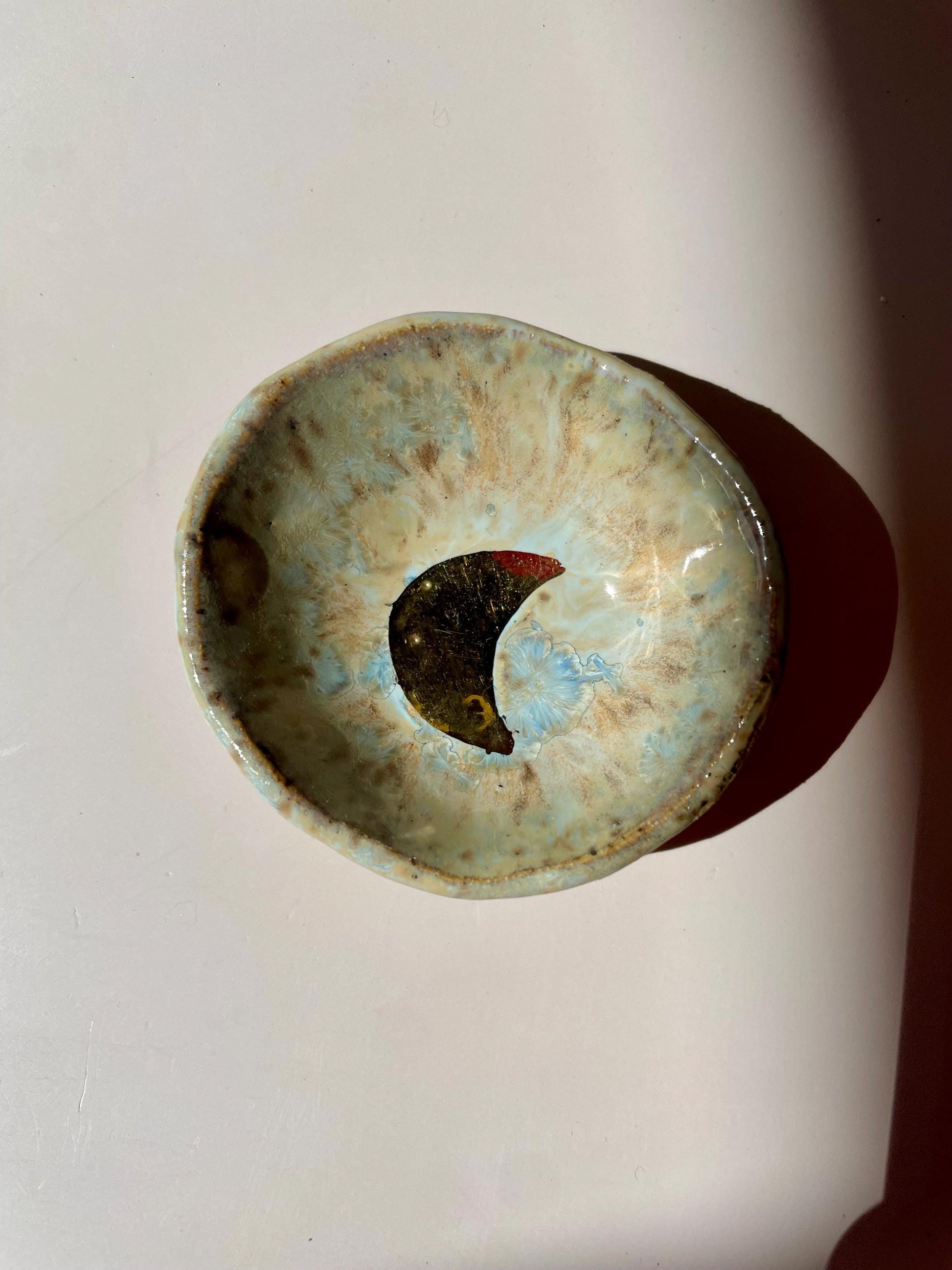 Mini Ritual Moon Bowl – Sea Glass Glaze with Gold Luster Crescent Moon