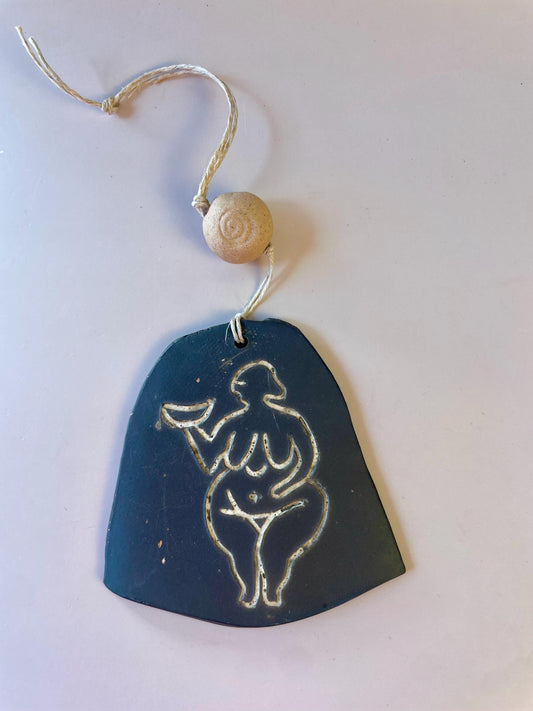 Neolithic Moon Goddess Talisman – Crescent Moon Clay Amulet with Spiral Bead