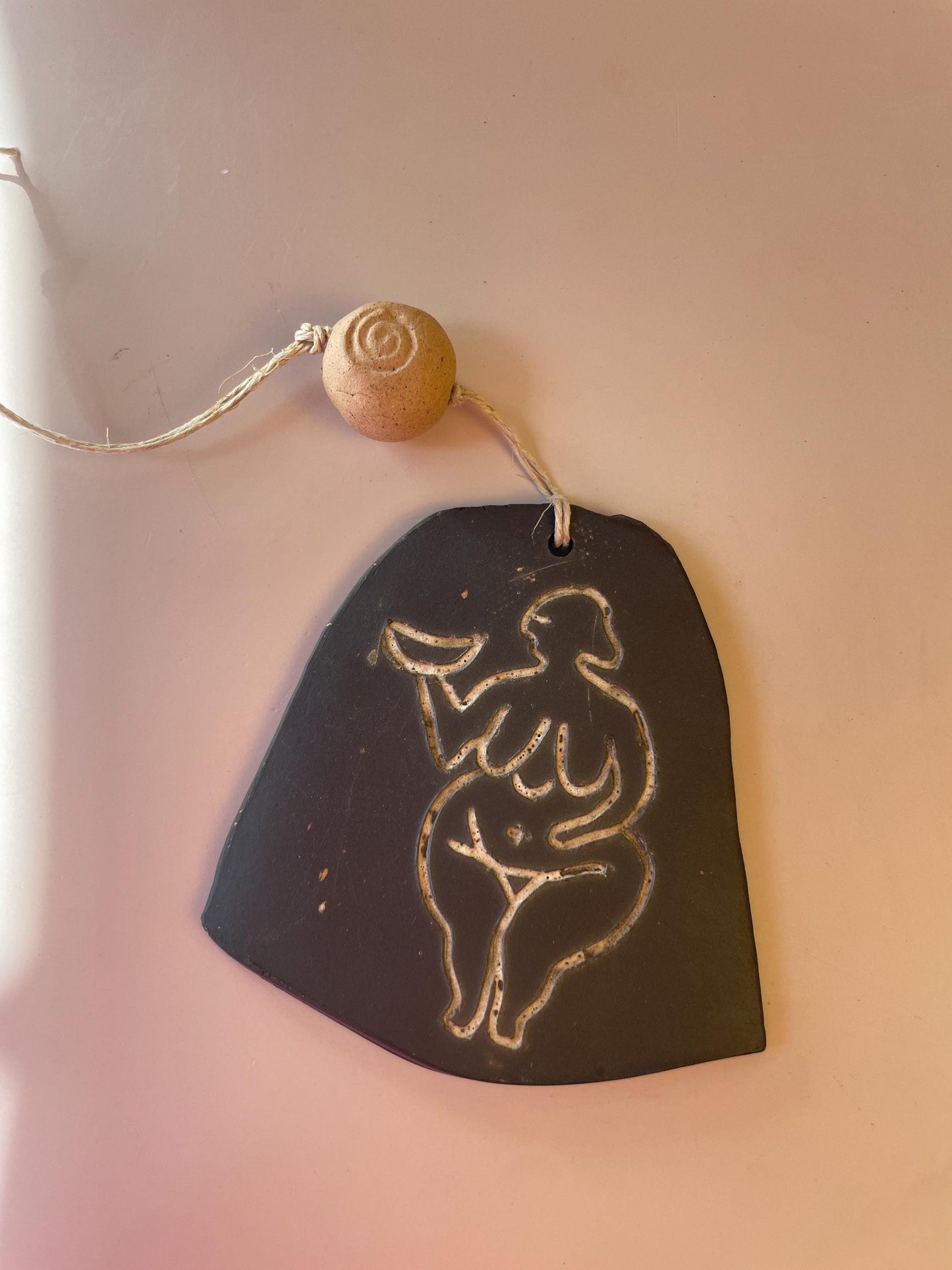 Neolithic Moon Goddess Talisman – Crescent Moon Clay Amulet with Spiral Bead