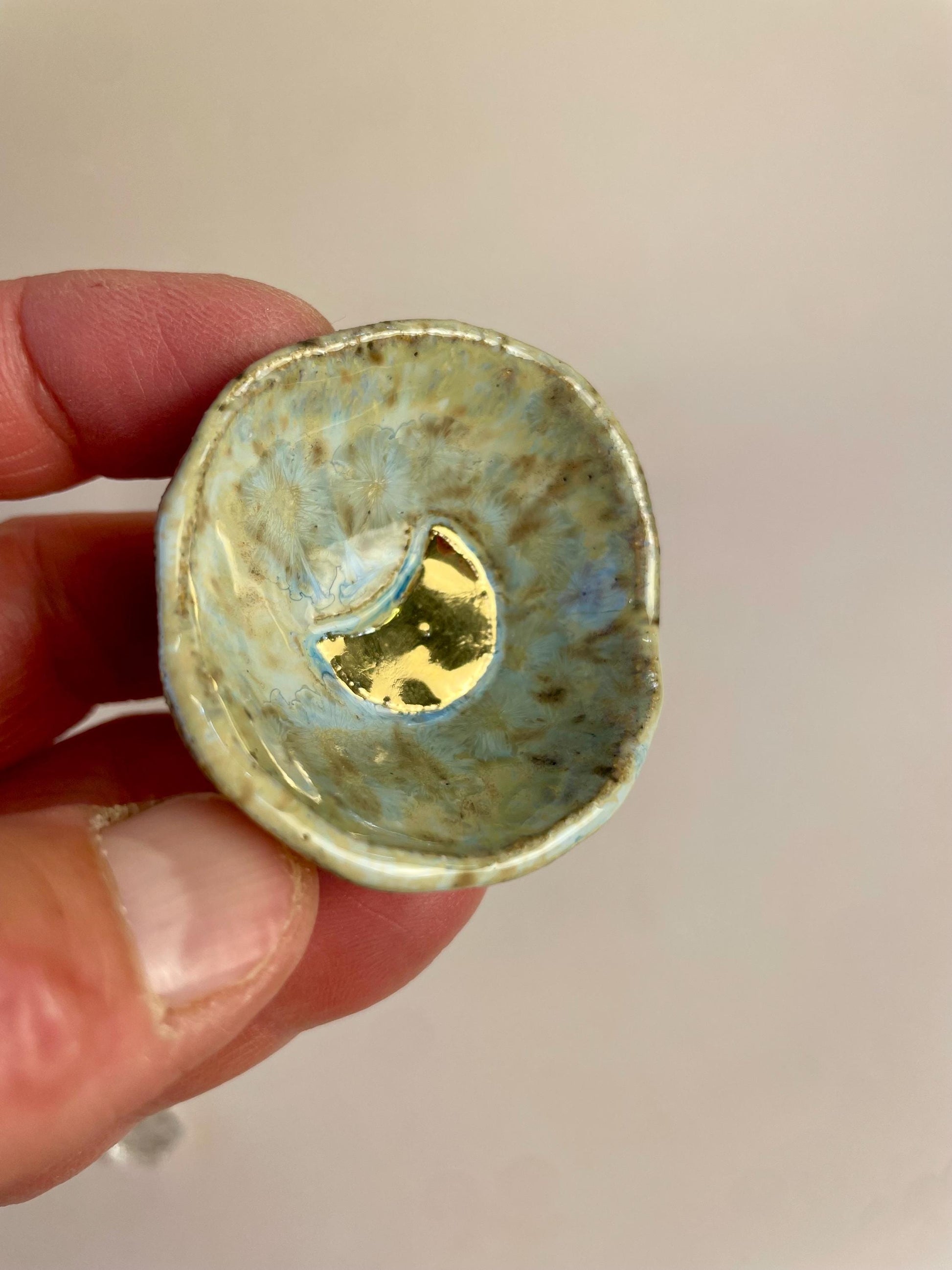 Tiny Ritual Moon Bowl – Blue Crystalline Glaze with Gold Luster Crescent Moon