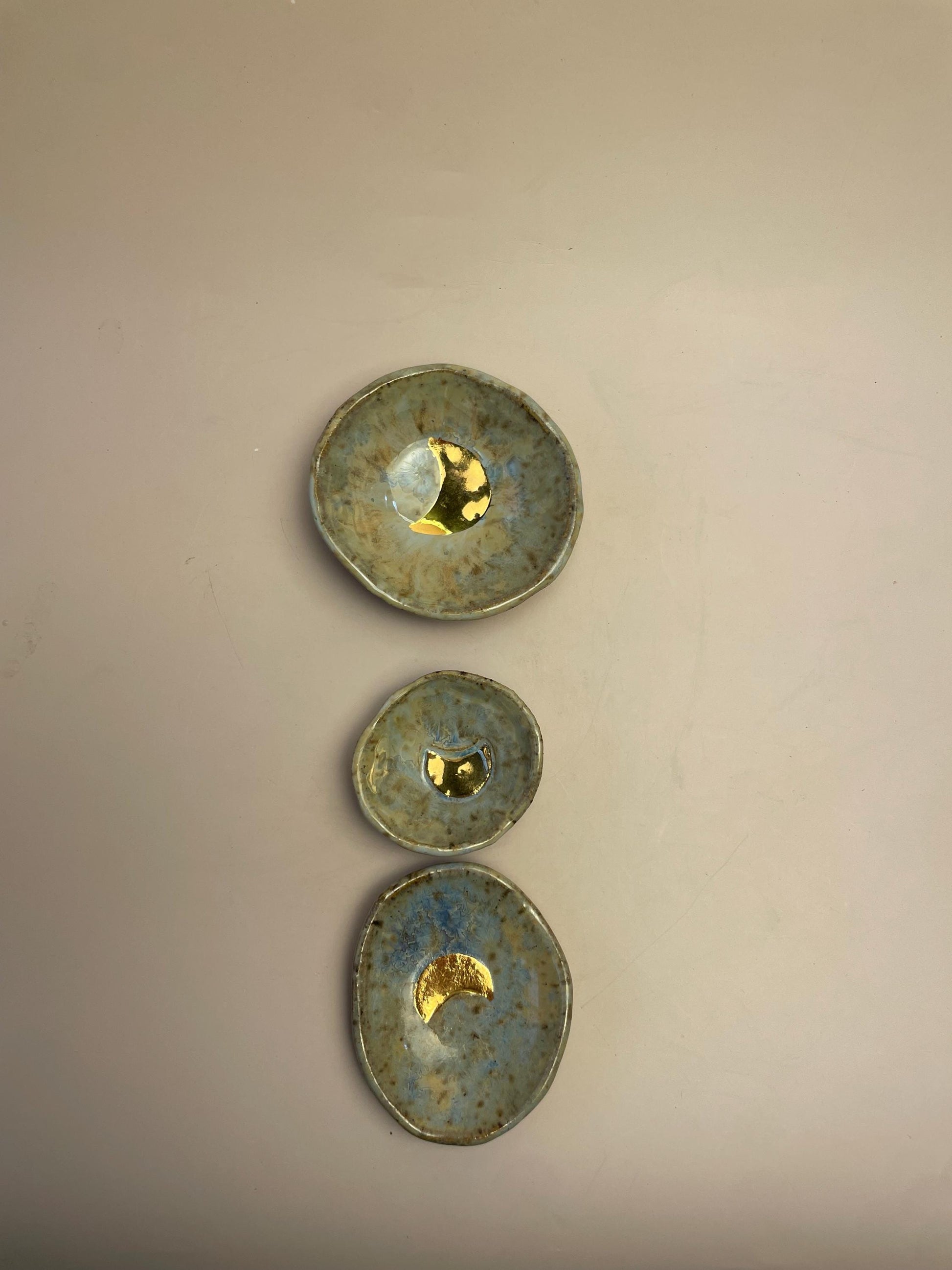 Tiny Ritual Moon Bowl – Blue Crystalline Glaze with Gold Luster Crescent Moon