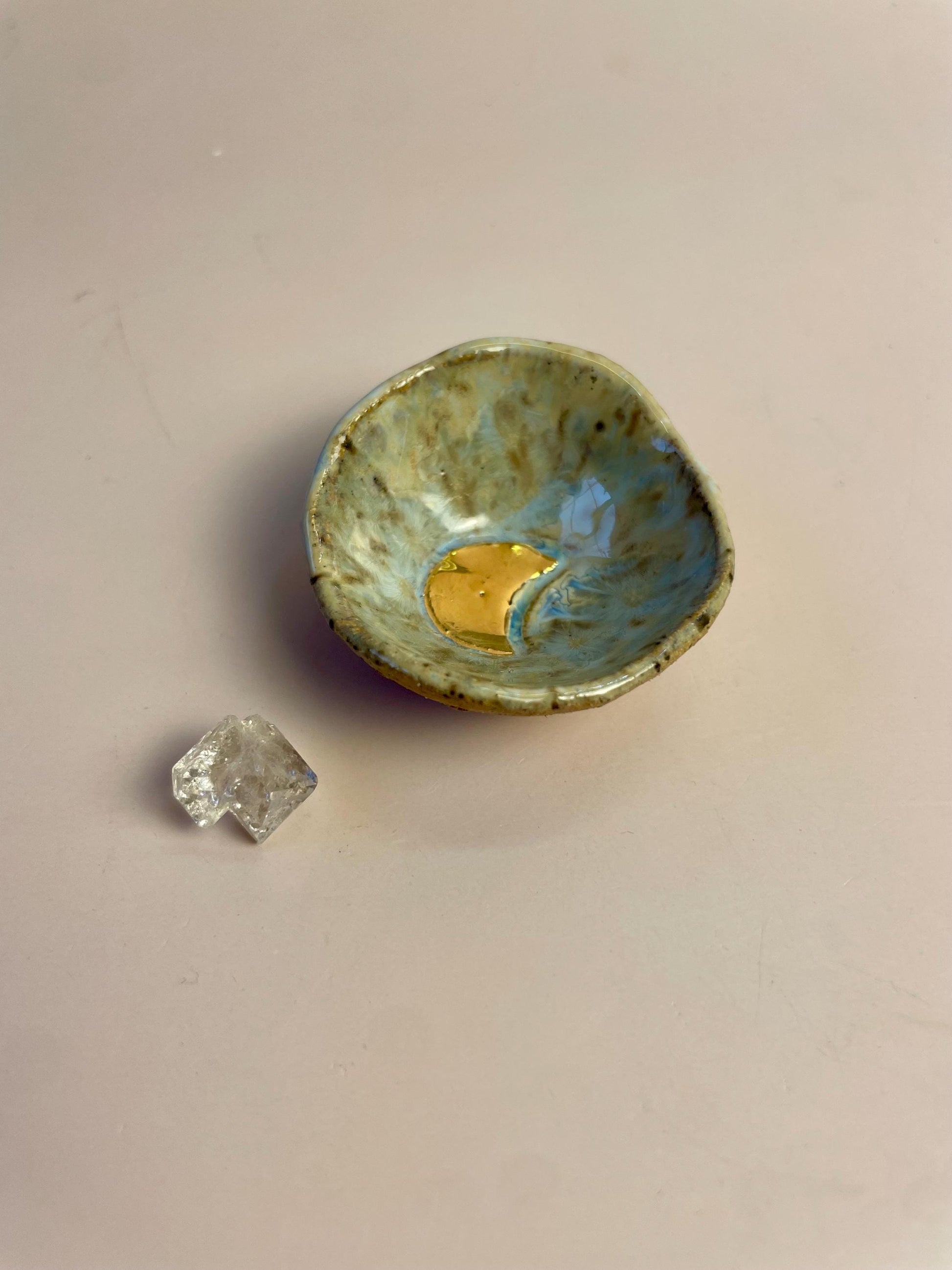 Tiny Ritual Moon Bowl – Blue Crystalline Glaze with Gold Luster Crescent Moon