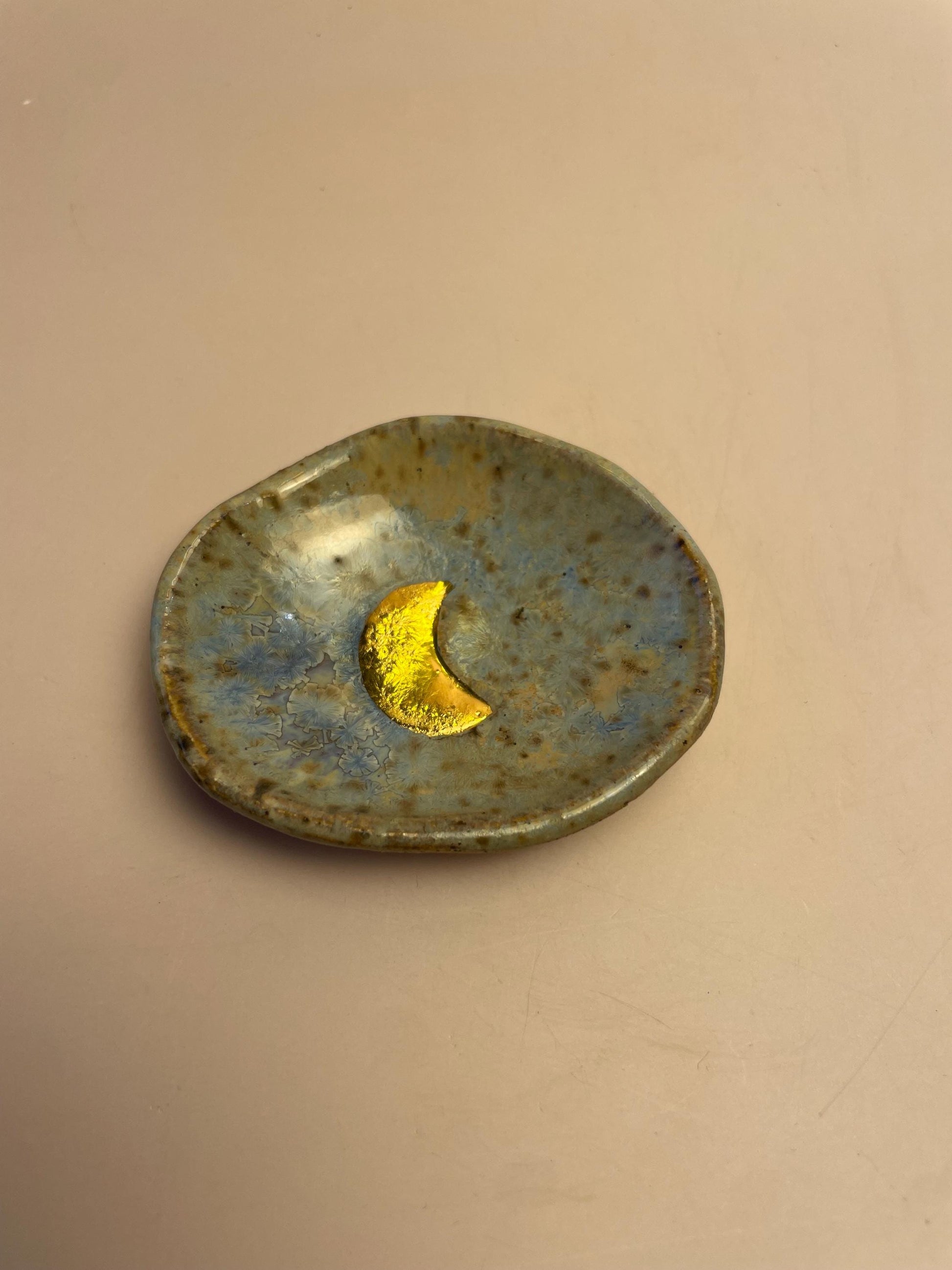 Mini Ritual Moon Dish – Sea Glass Crystalline Glaze with Gold Luster Crescent Moon
