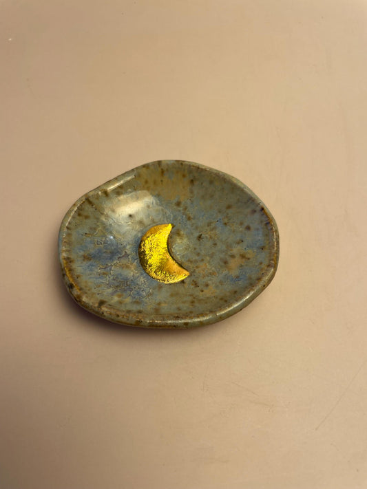 Mini Ritual Moon Dish – Sea Glass Crystalline Glaze with Gold Luster Crescent Moon
