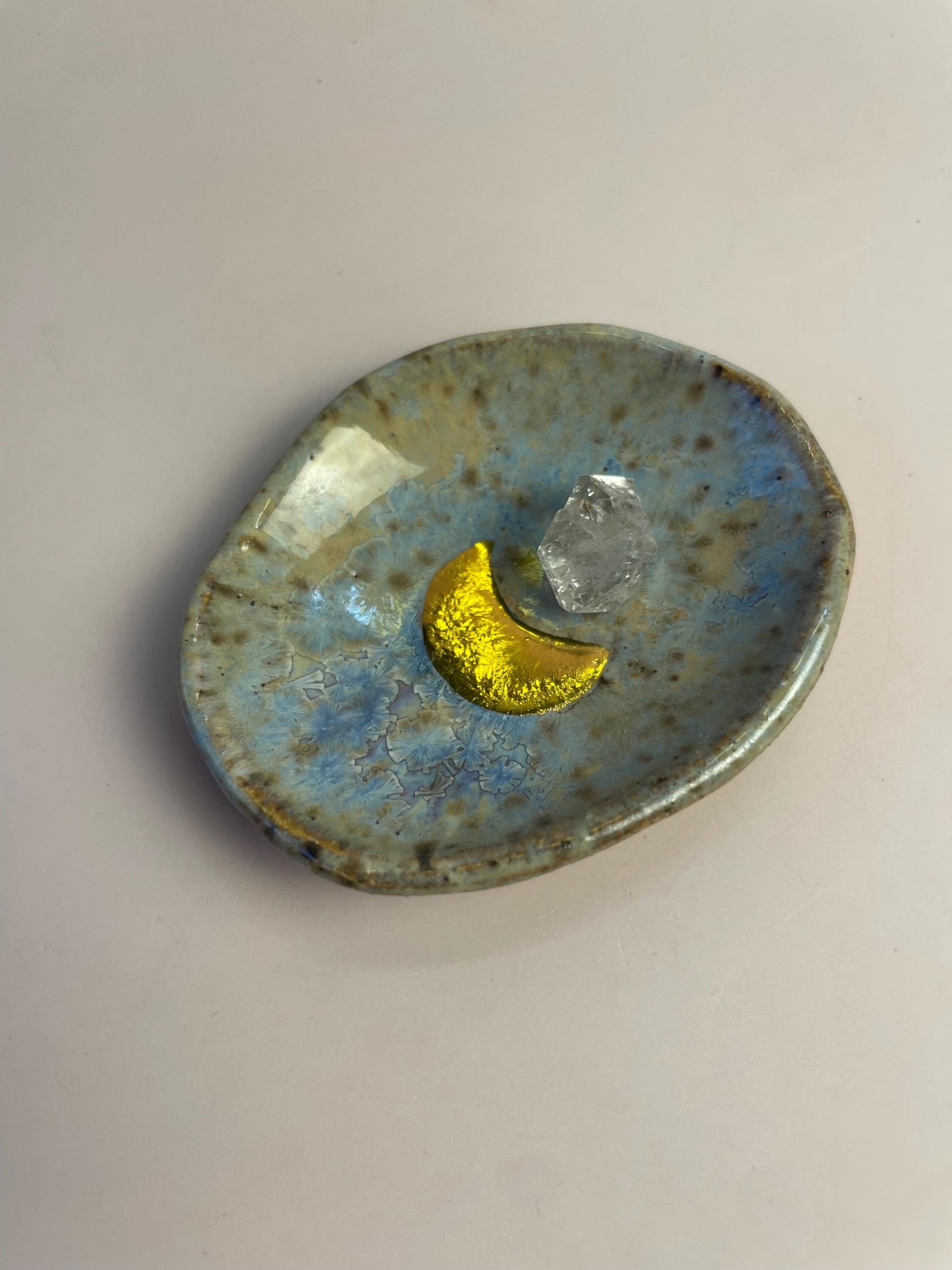Mini Ritual Moon Dish – Sea Glass Crystalline Glaze with Gold Luster Crescent Moon