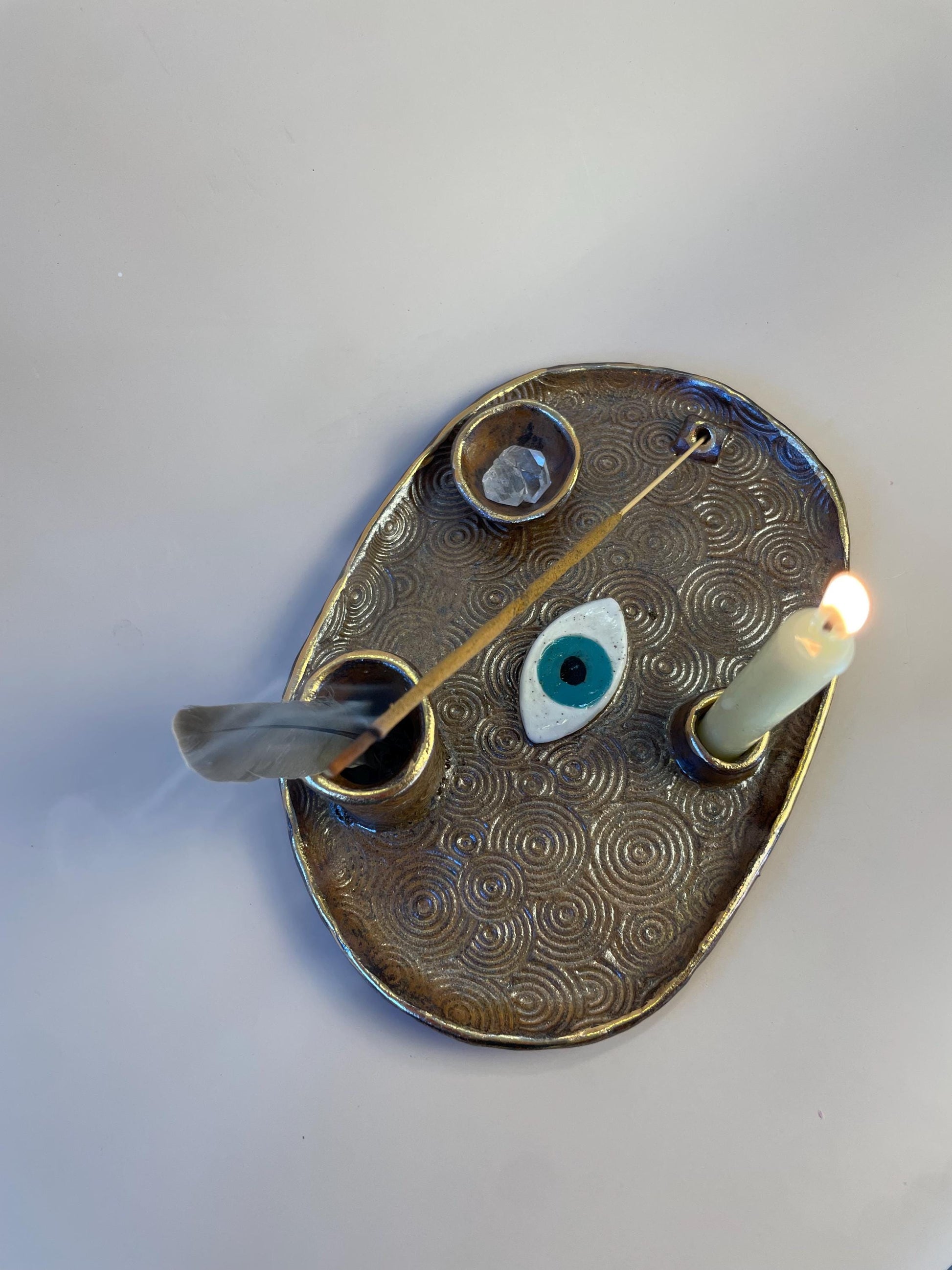 Four Element Ritual Dish with Protective Eye & Concentric Circles – Bronze + Gold Altar Tray for Elemental Balance