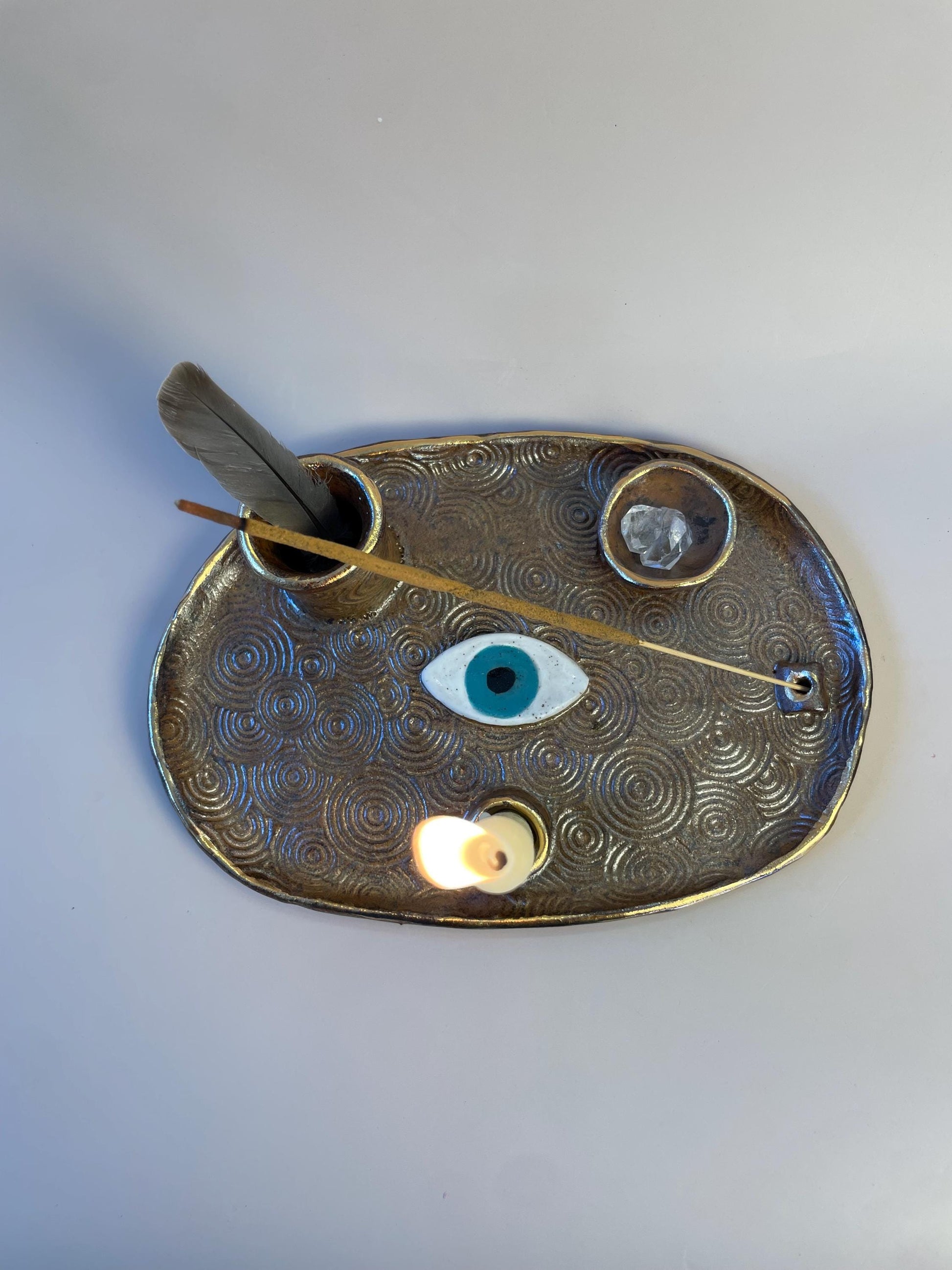 Four Element Ritual Dish with Protective Eye & Concentric Circles – Bronze + Gold Altar Tray for Elemental Balance