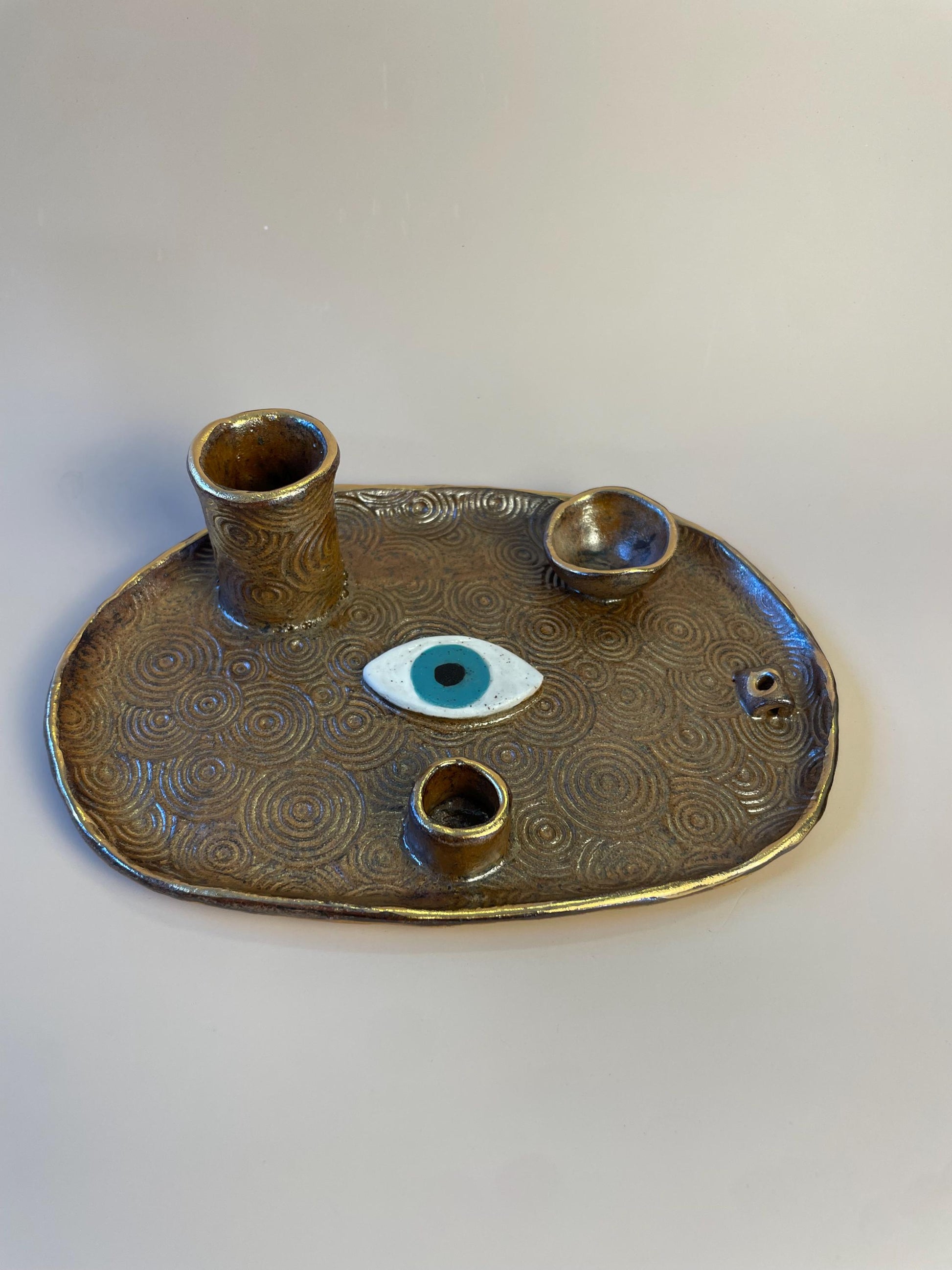 Four Element Ritual Dish with Protective Eye & Concentric Circles – Bronze + Gold Altar Tray for Elemental Balance