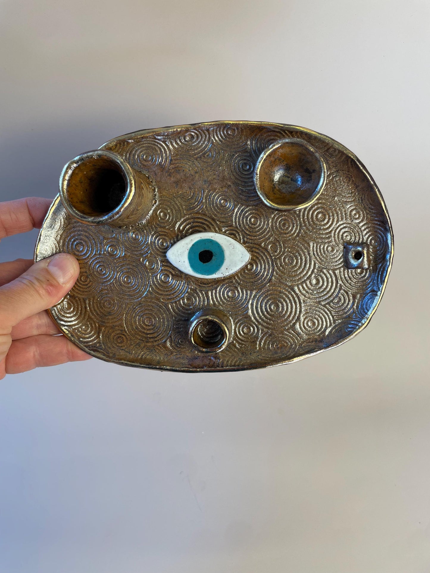Four Element Ritual Dish with Protective Eye & Concentric Circles – Bronze + Gold Altar Tray for Elemental Balance