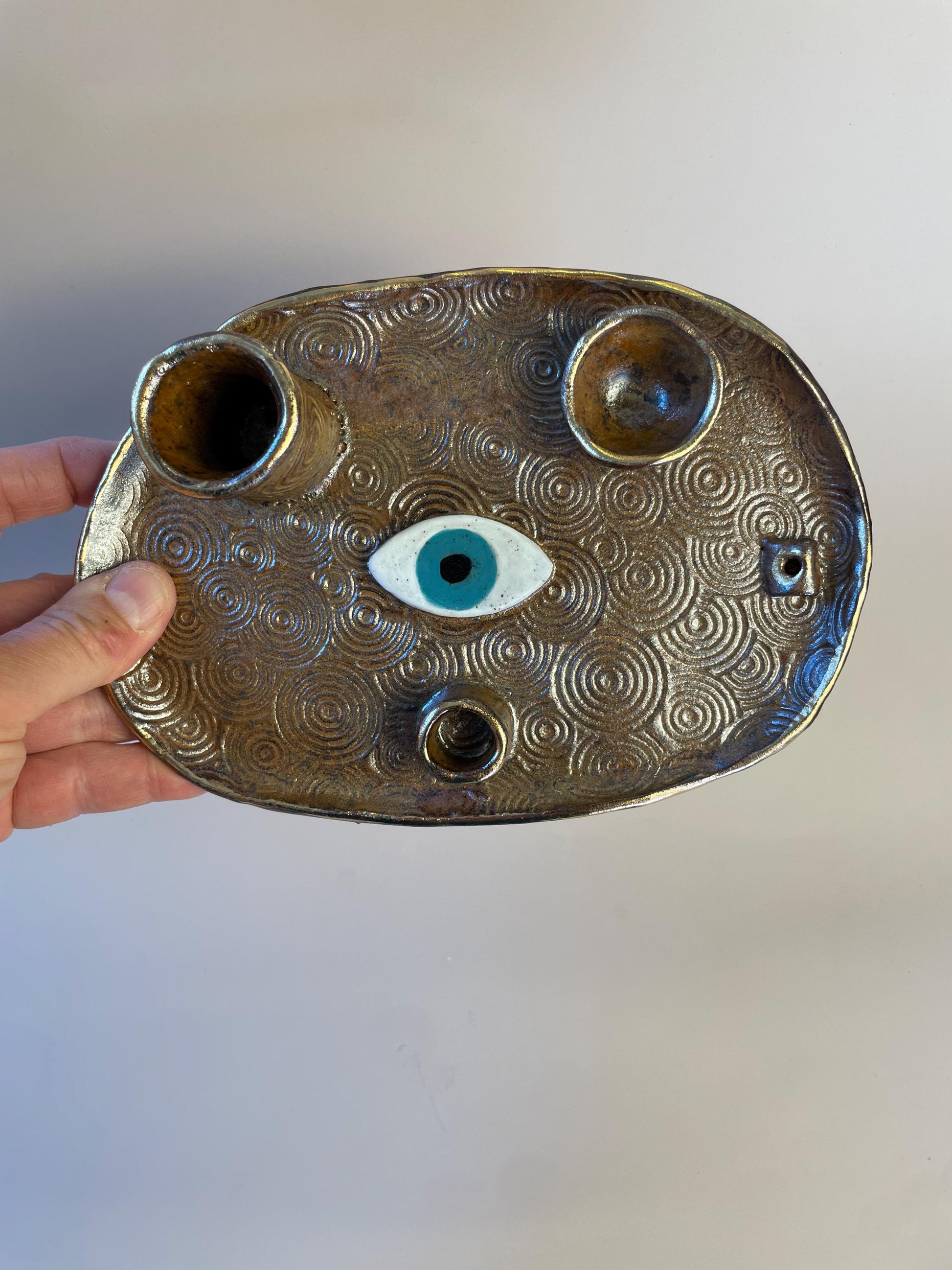 Four Element Ritual Dish with Protective Eye & Concentric Circles – Bronze + Gold Altar Tray for Elemental Balance