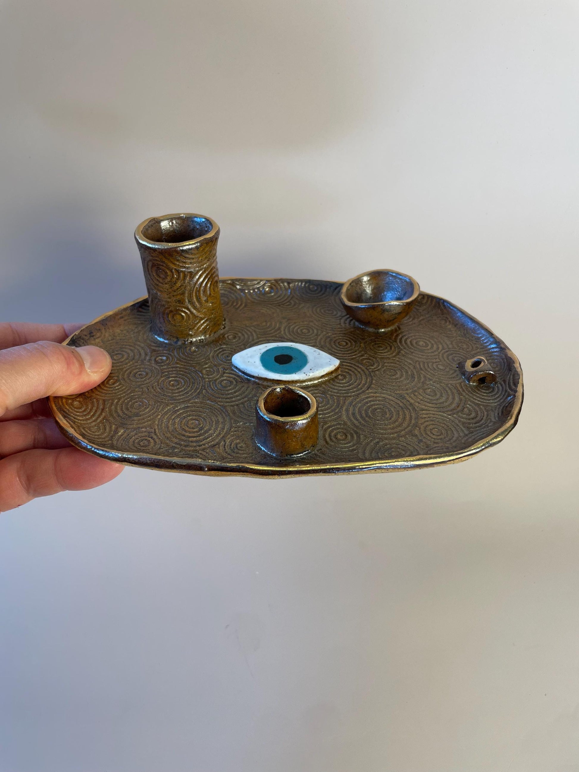Four Element Ritual Dish with Protective Eye & Concentric Circles – Bronze + Gold Altar Tray for Elemental Balance