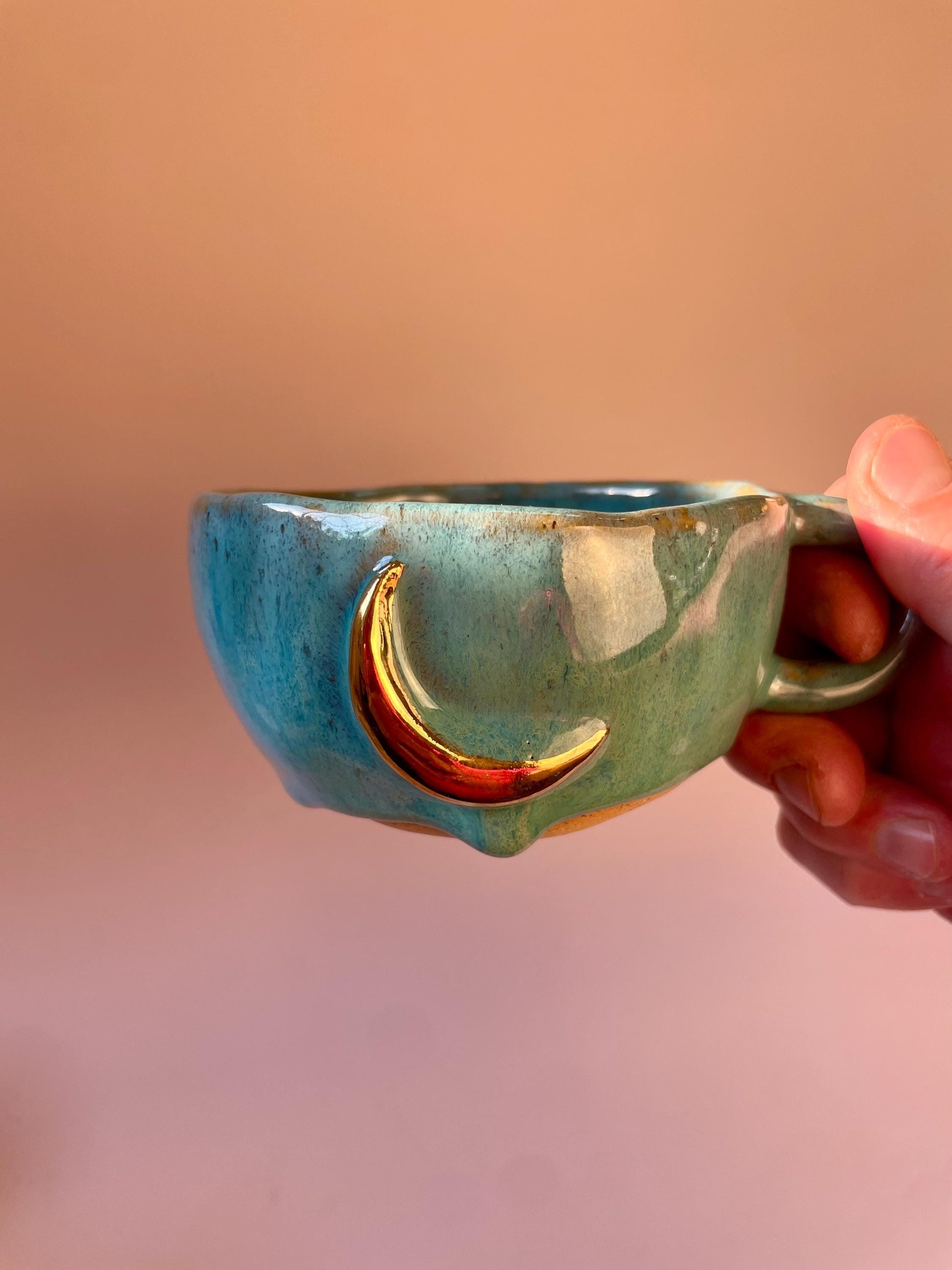 Turquoise gold crescent moon handmade ceramic mug or bowl