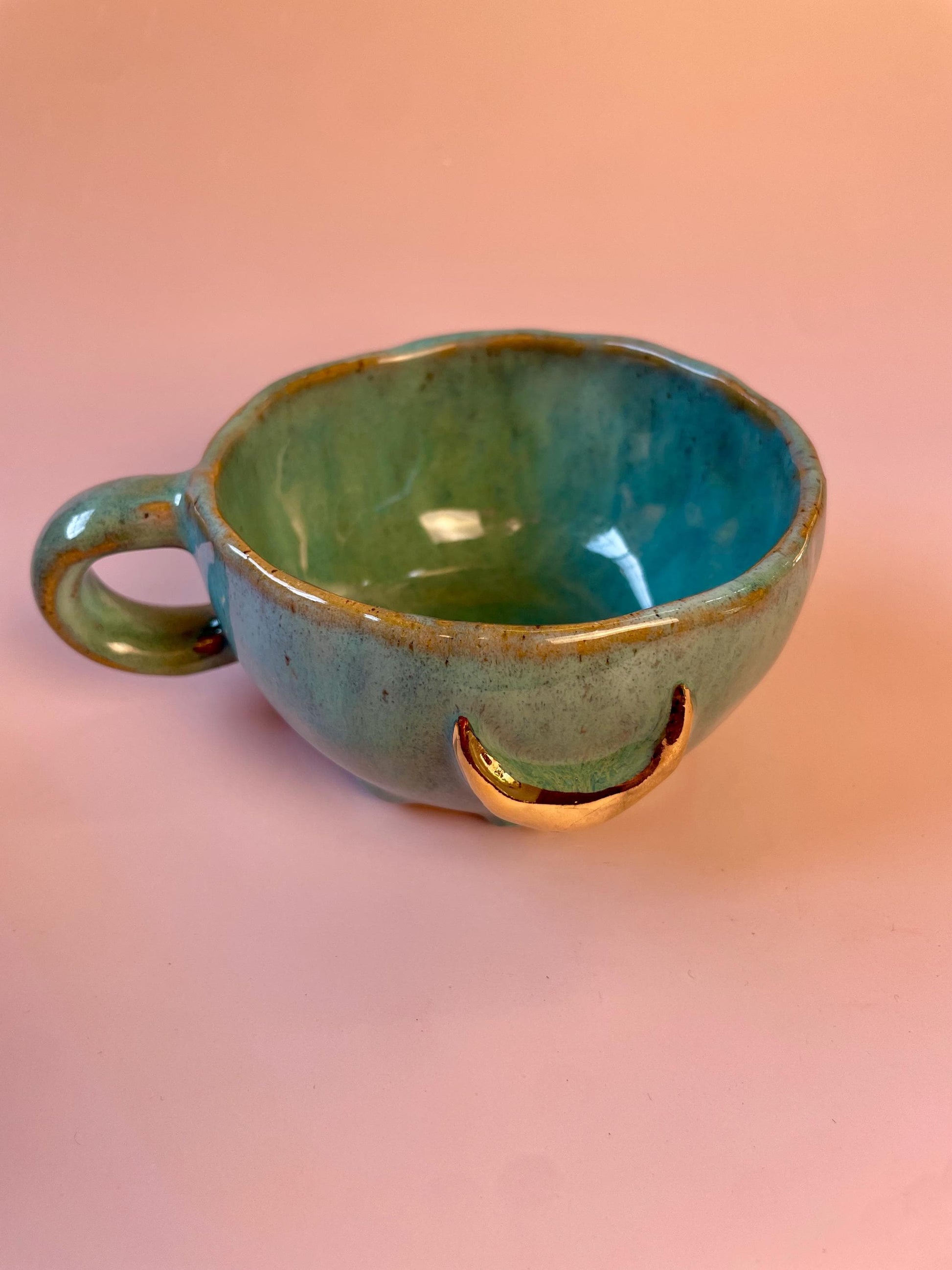 Turquoise gold crescent moon handmade ceramic mug or bowl