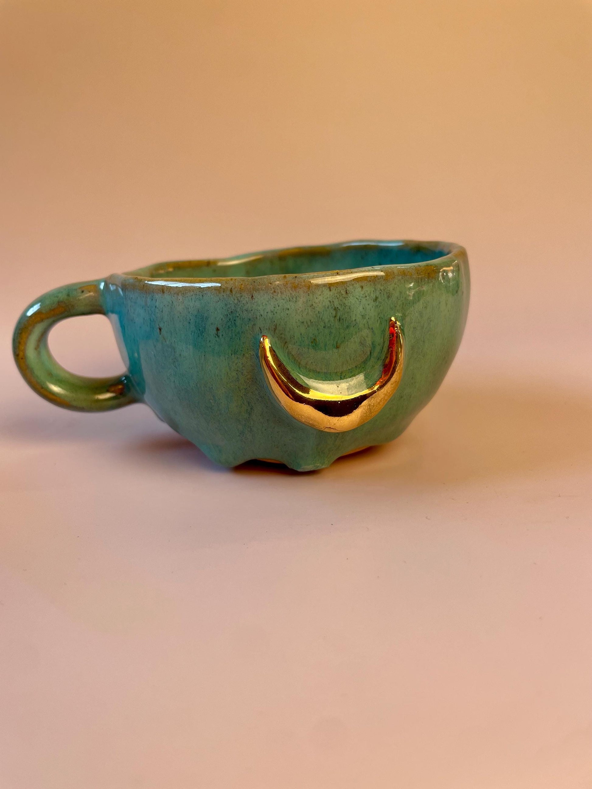 Turquoise gold crescent moon handmade ceramic mug or bowl