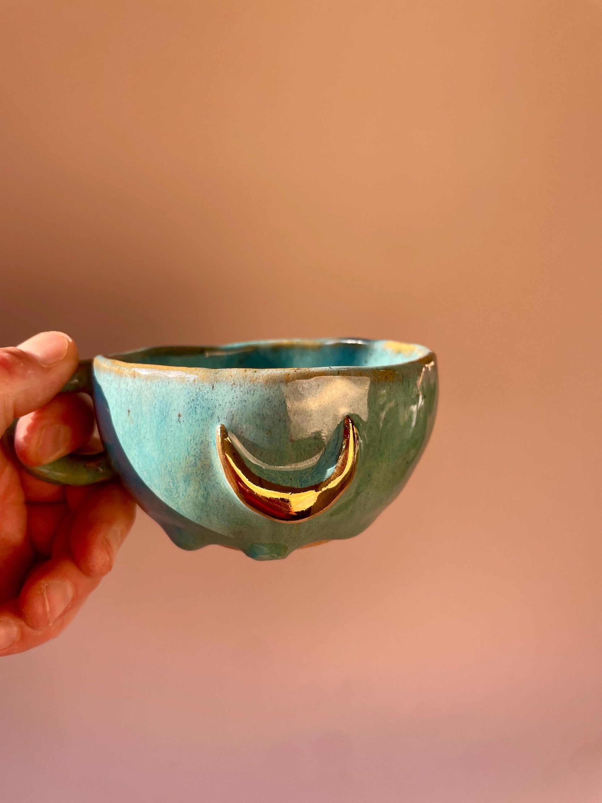 Turquoise gold crescent moon handmade ceramic mug or bowl