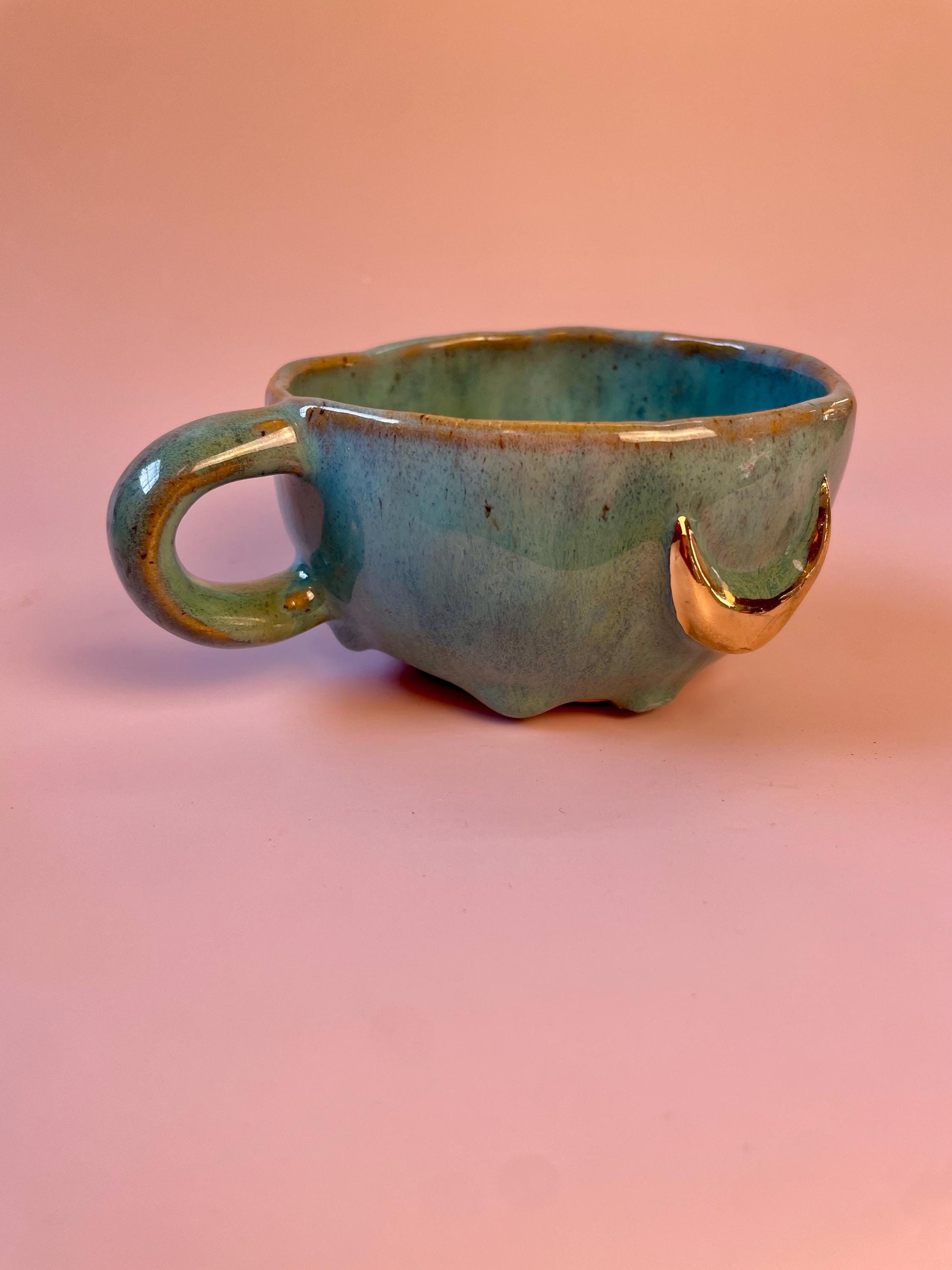 Turquoise gold crescent moon handmade ceramic mug or bowl
