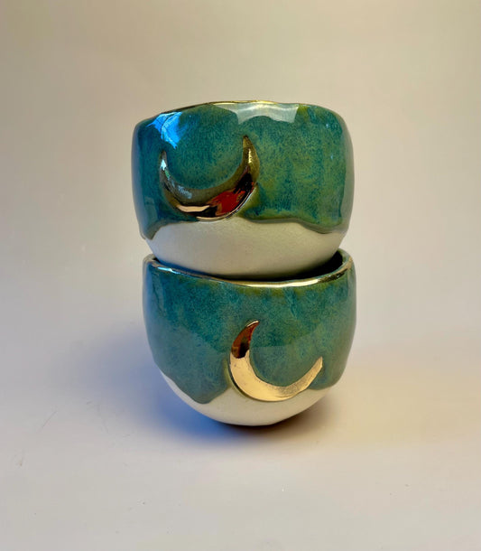 Handmade ceramic sea green gold crescent moon cup
