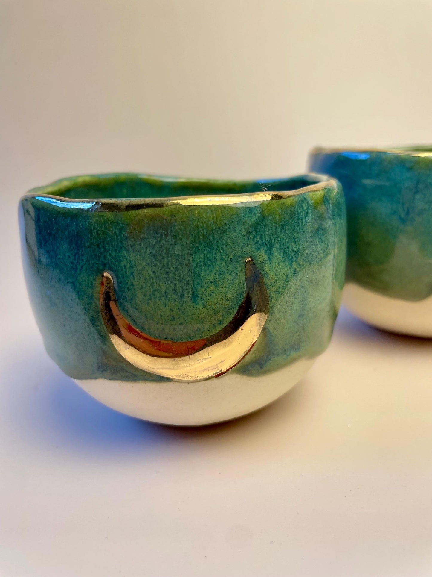Handmade ceramic sea green gold crescent moon cup
