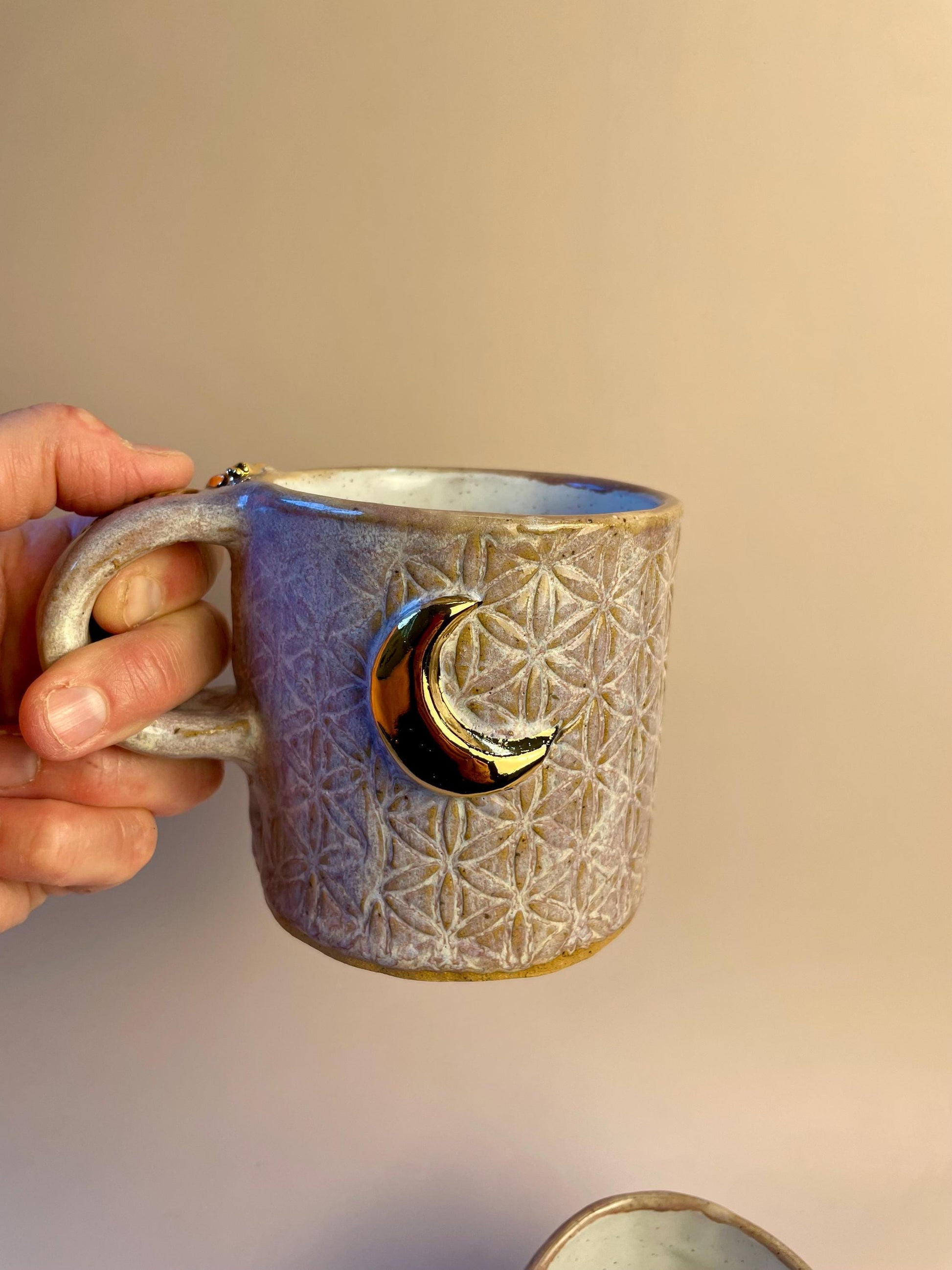 Sacred Flower of Life Lavender Mug with Gold Moon and Bee