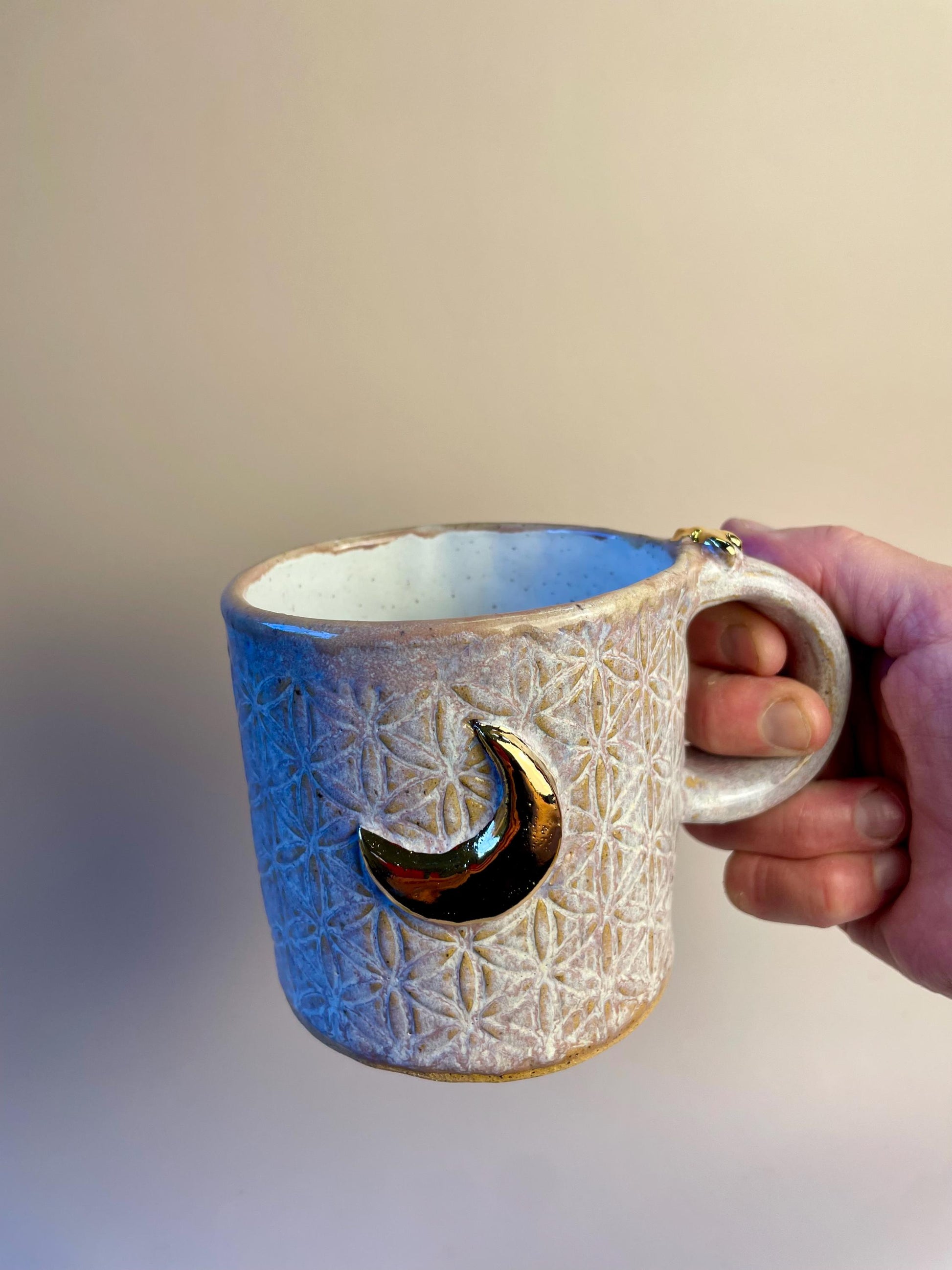 Sacred Flower of Life Lavender Mug with Gold Moon and Bee