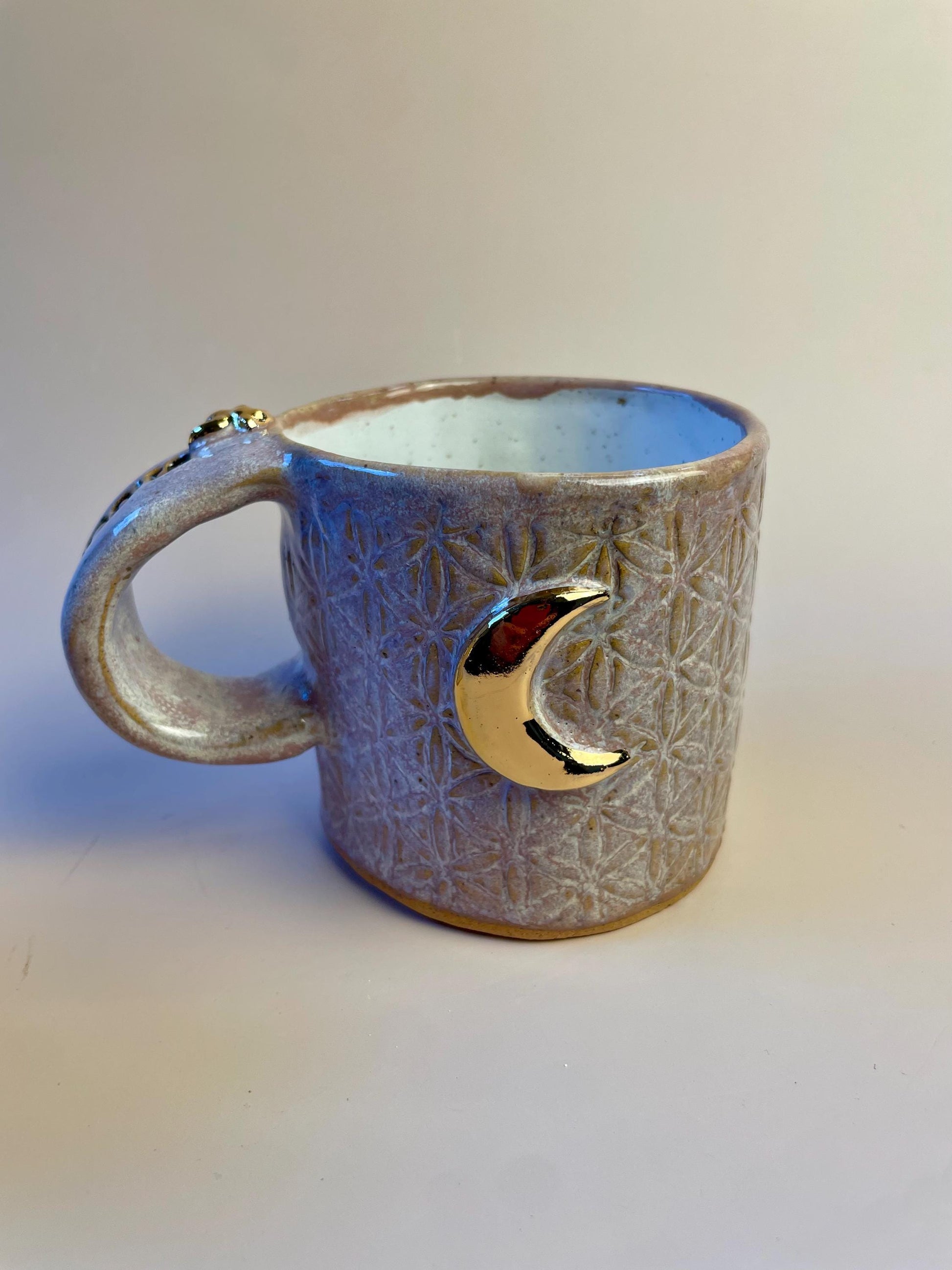 Sacred Flower of Life Lavender Mug with Gold Moon and Bee