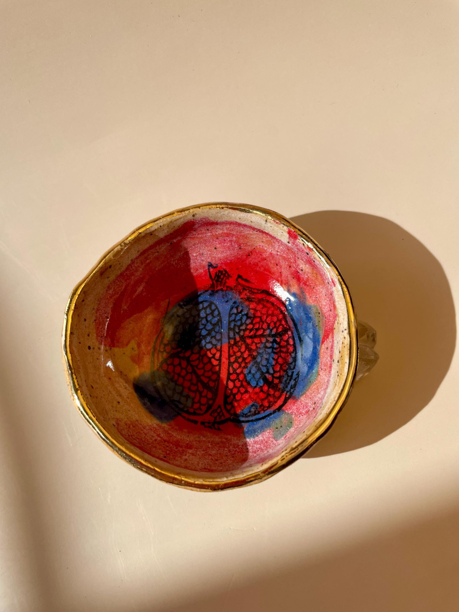 Sacred Pomegranate Offering Bowl — Hand-Pinched Honey Clay with Gold Luster Rim