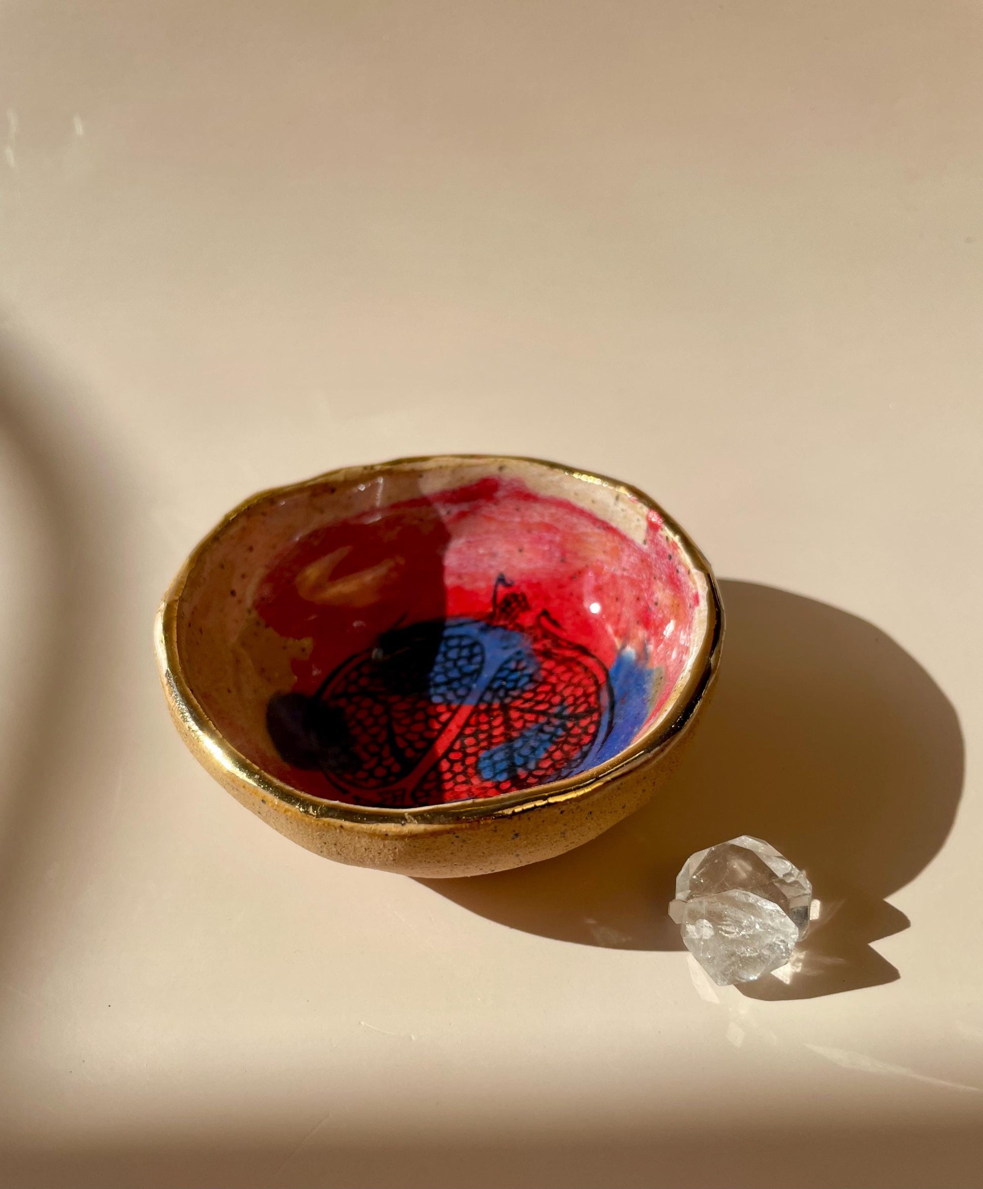 Sacred Pomegranate Offering Bowl — Hand-Pinched Honey Clay with Gold Luster Rim