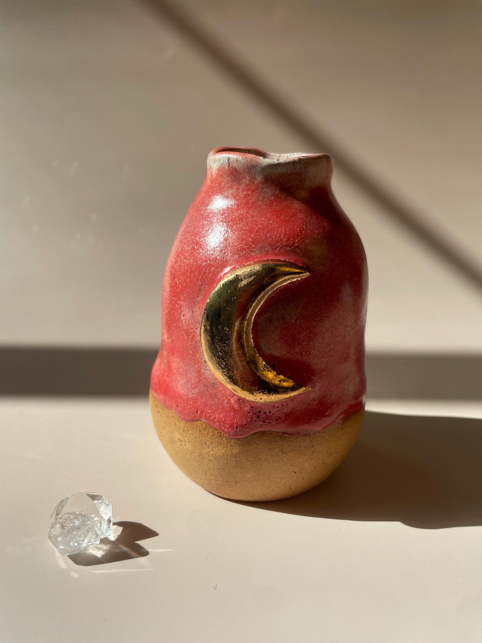 Crescent Moon Vase — Handbuilt Honey Clay Vessel with Pink Glaze and Gold Luster Moon