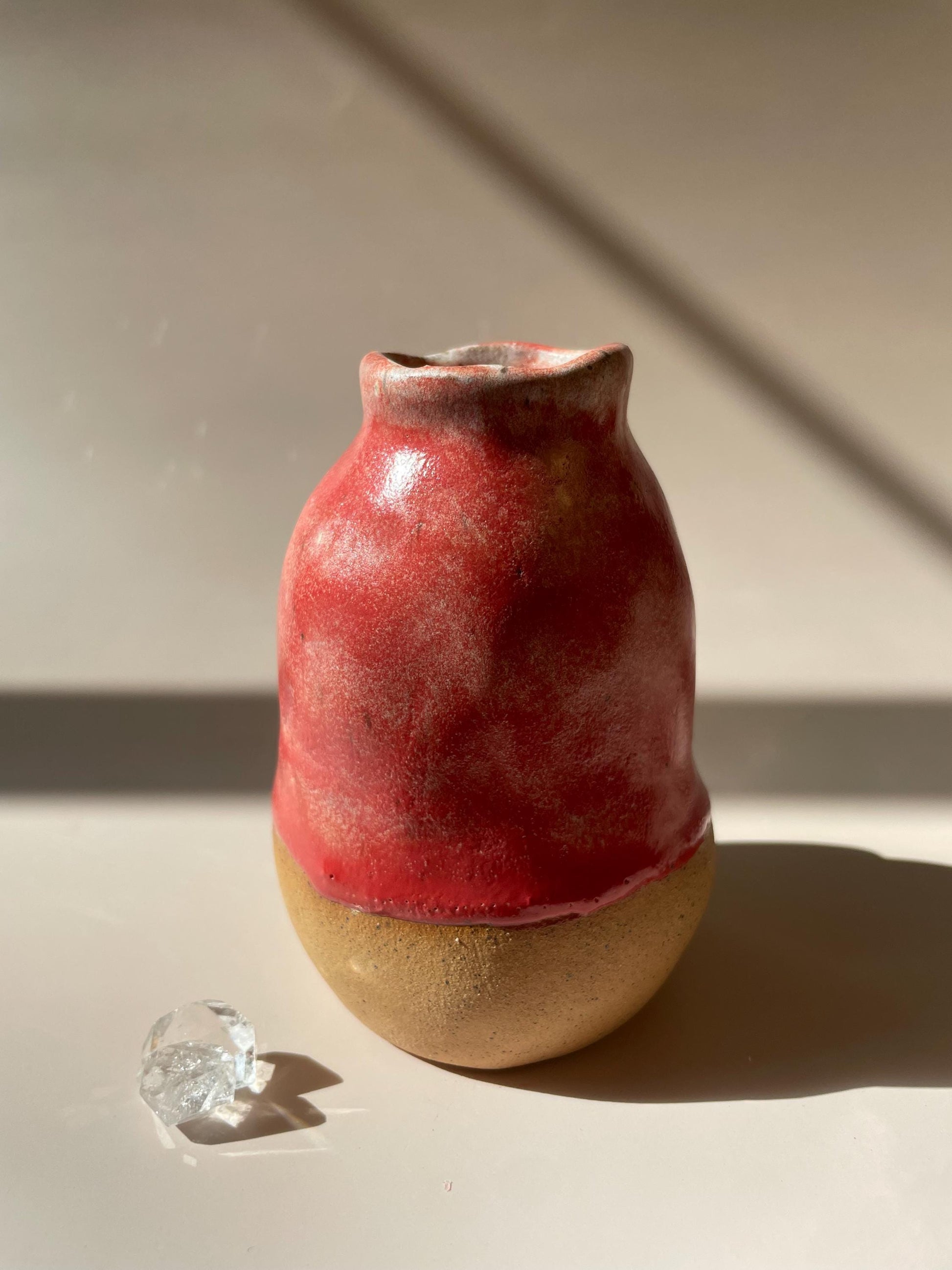 Crescent Moon Vase — Handbuilt Honey Clay Vessel with Pink Glaze and Gold Luster Moon